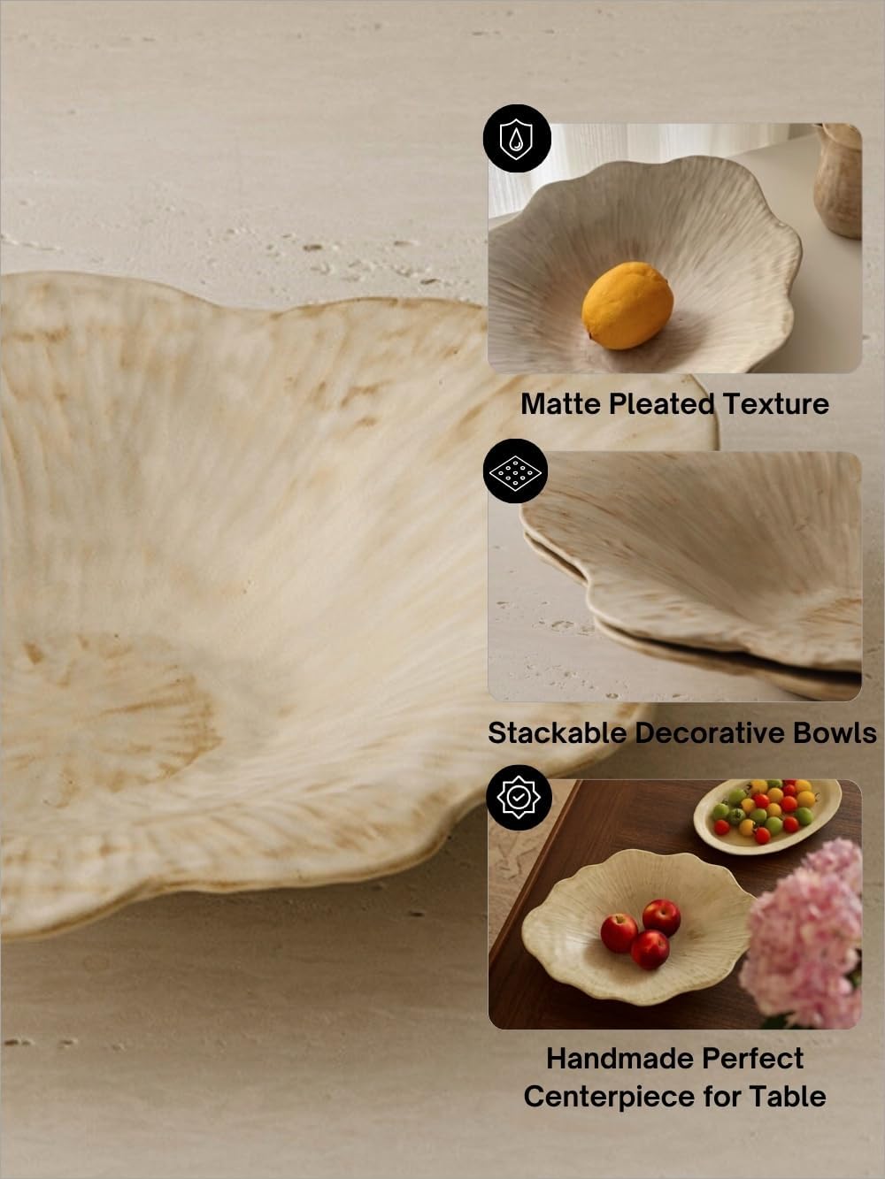 WENSHUO Stoneware Fruit Bowl for Kitchen Counter,Large Decorative Bowls for Home Decor,Handmade Perfect Centerpiece for Table, Island,or Counter,Matte Curd Color Reactive Glaze 13.5" L × 10" W