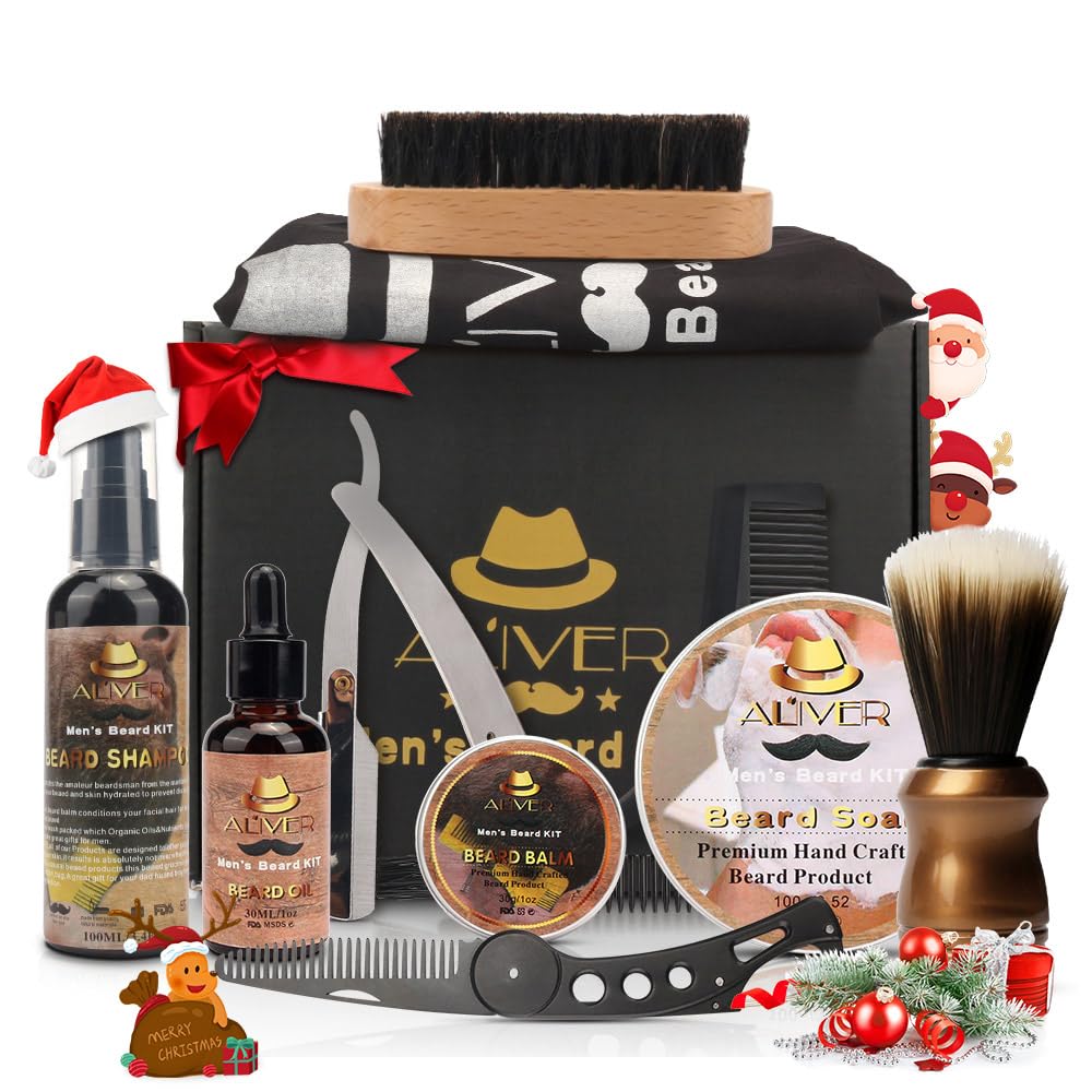 Kit Barba para Hombre, Juego de barba Hombre, con Champú de barba, Aceite para barba,Bálsamo,Peine barba, Cepillo, tijeras, set de cuidado para la barba, set de regalo para hombre