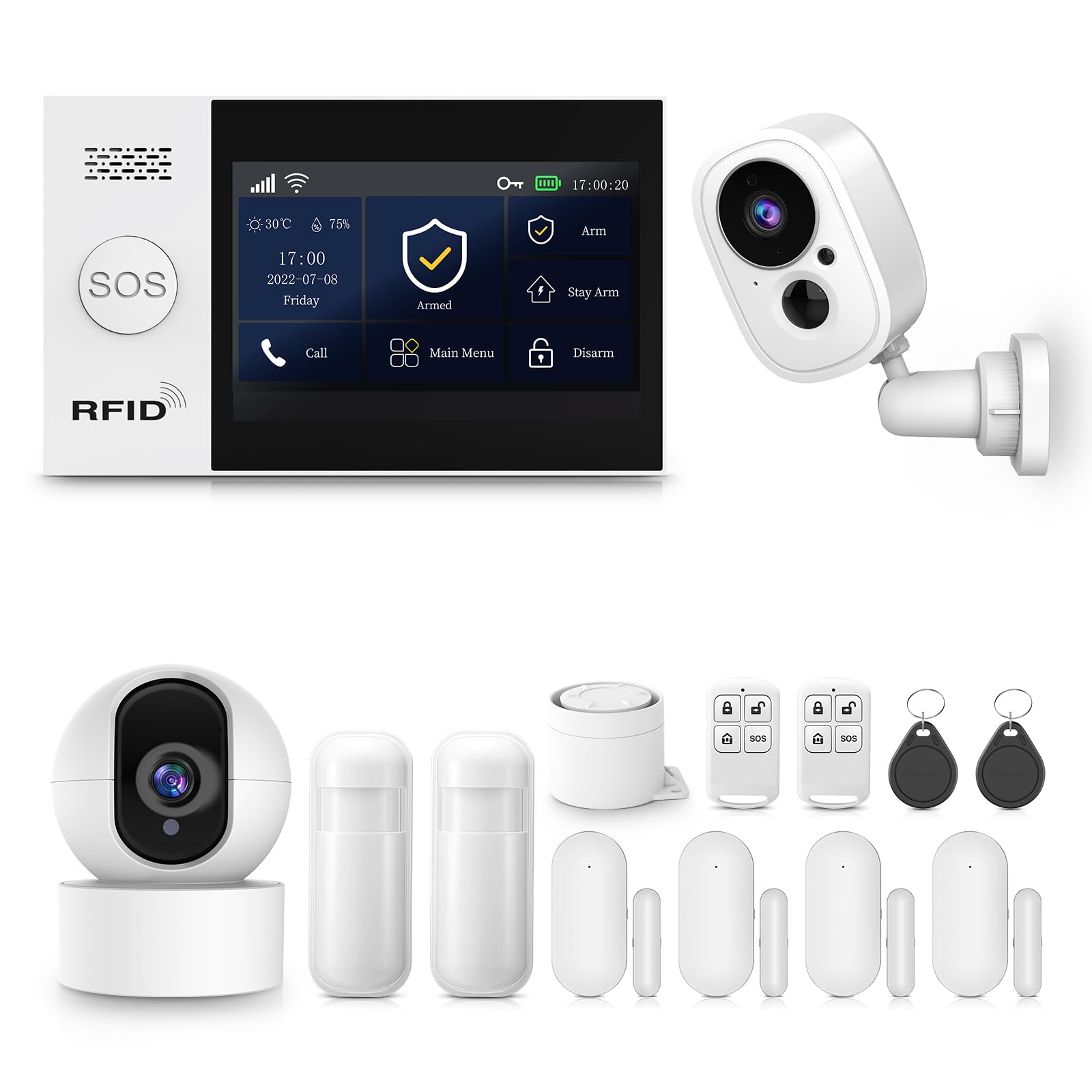 PGST Sistema de Alarma WiFi para Casa con Cámara de Vigilancia Interior, Kit Alarma de Seguridad 14-Piezas, Sensores de Apertura y Cierre, Sensor de Movimiento PIR, Sirena 110dB, Fácil Instalación