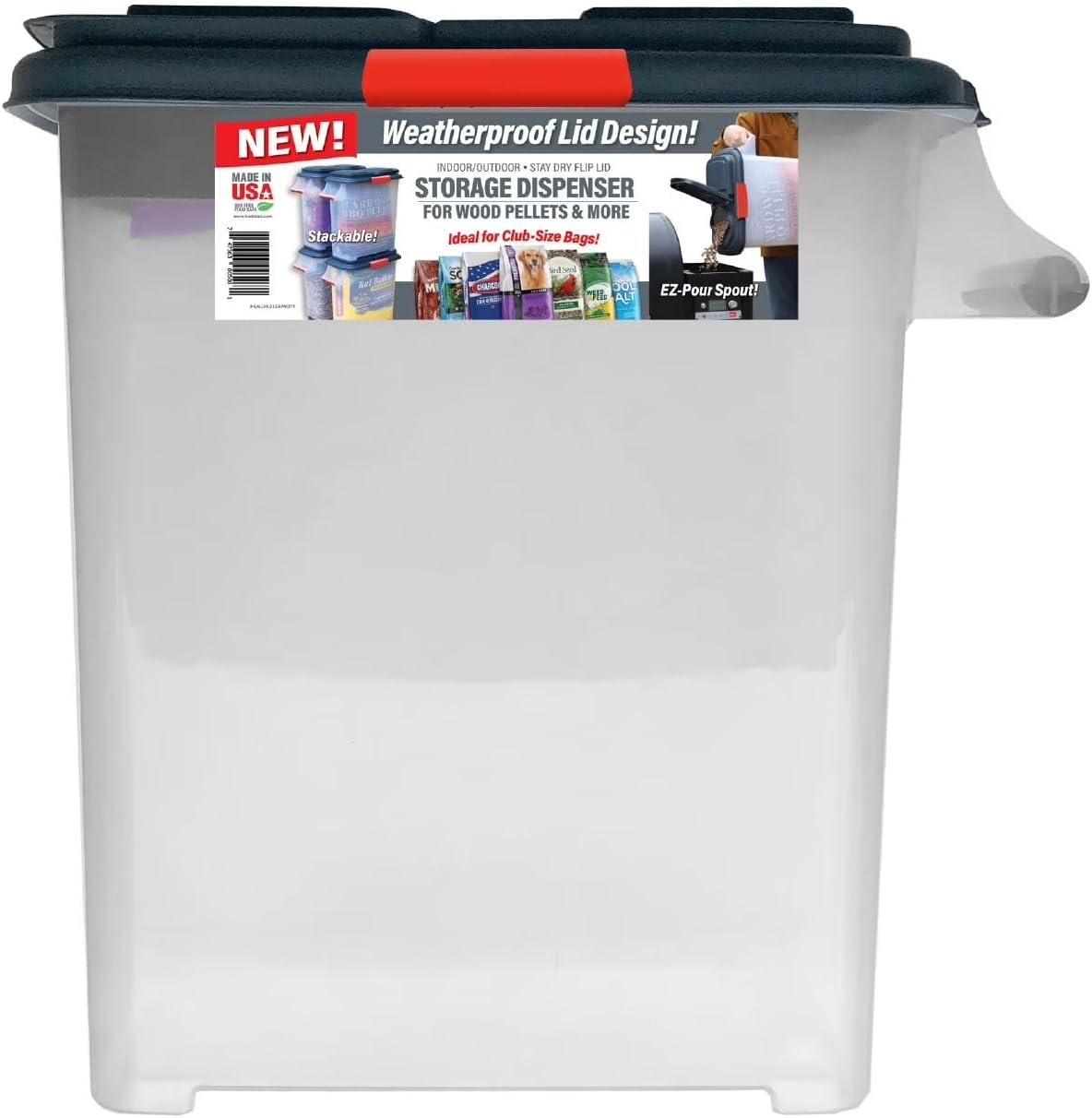 BEN & JANE 40lb Pellet Storage Dispenser - Made in USA, BPA-Free Food Safe Container for Dog & Cat Food, Birdseed, Charcoal & Potting Soil - Weatherproof Stackable Bin with Pour Spout & Locking Lid
