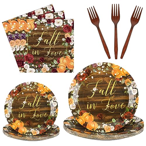 Sunnyray 96-Piece Fall in Love Party Decorations Supplies: Modern Floral Pumpkin Dessert Plates, Napkins, Forks for 24 Guests - Disposable, Lightweight, Paper, Plastic Construction