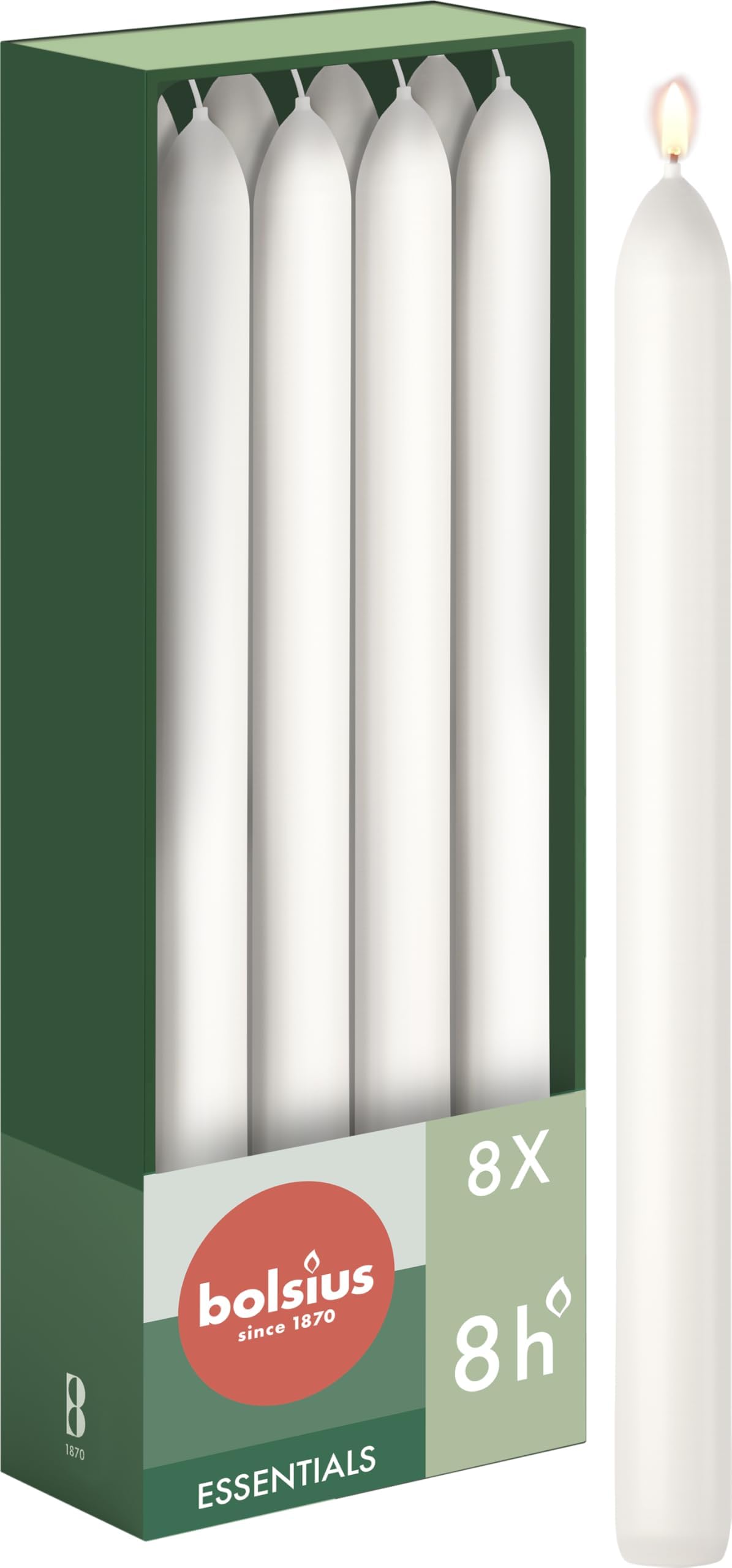 Bolsius Tapered Dinner Candles – White – 8-Pack – 23 x 2 cm – Long Burning Time of 8 Hours – Unscented – Includes Natural Vegan Wax – Without Palm Oil