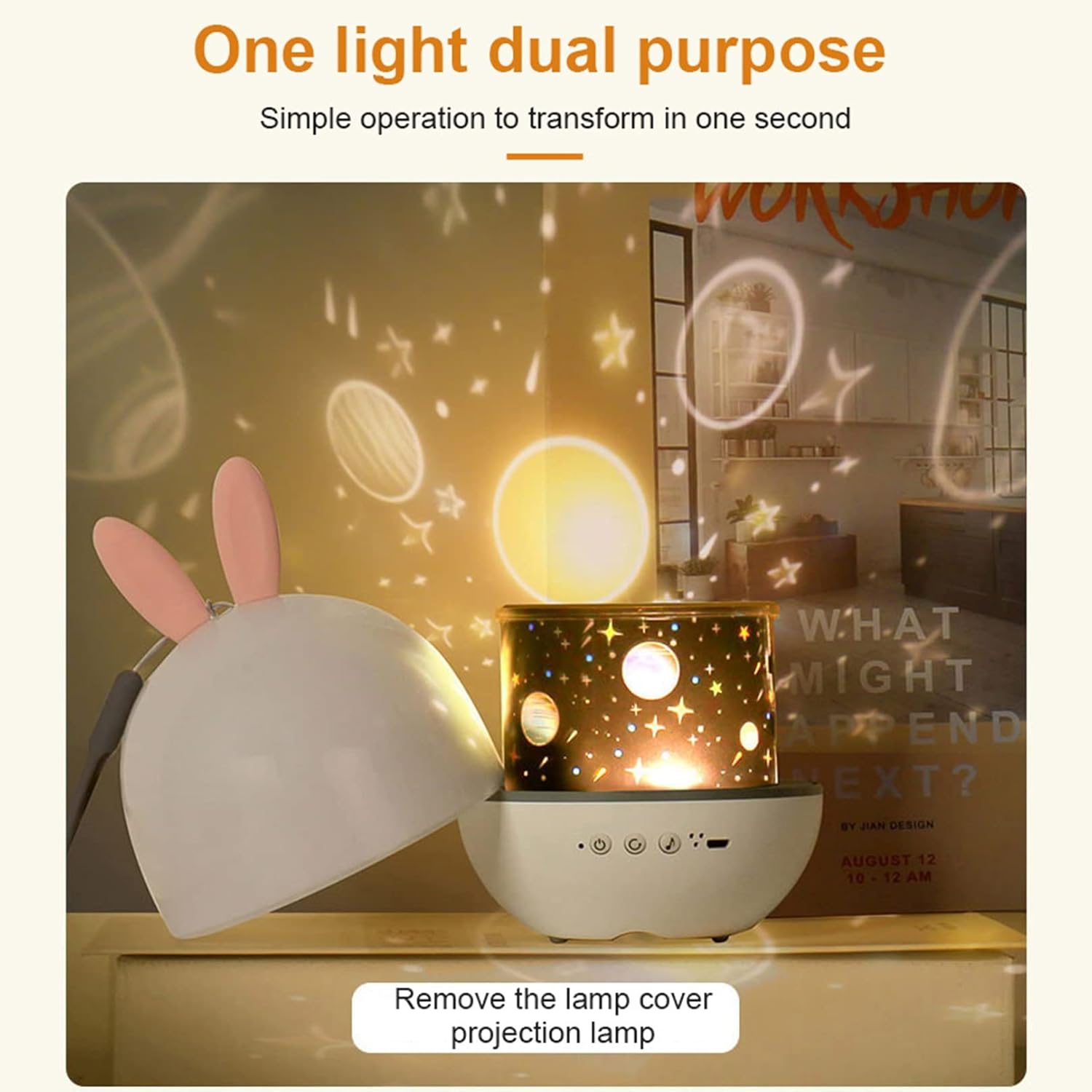 Image illustrating the dual functionality of the lamp, showing it with and without its outer dome to demonstrate night light versus projection mode.