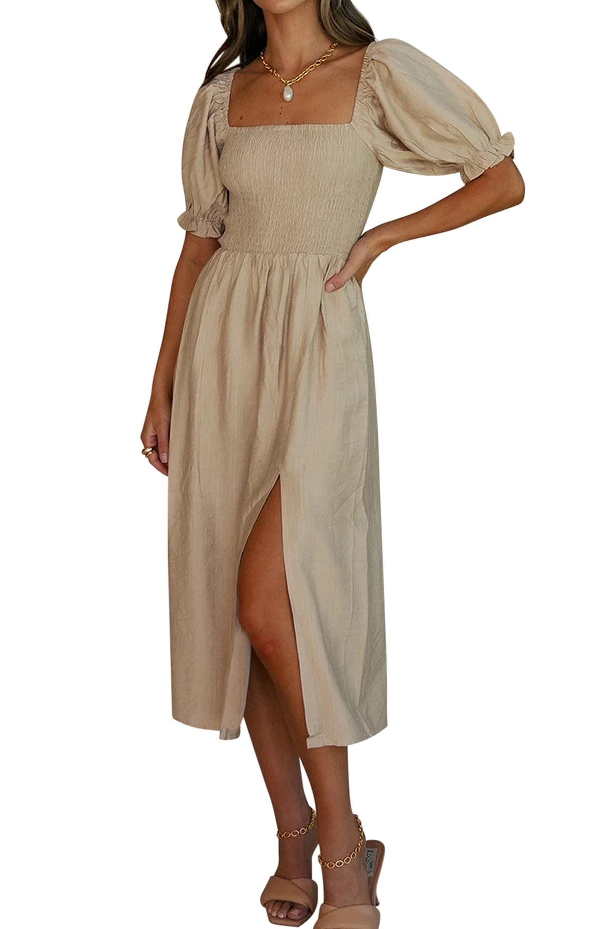 R.Vivimos Damen Casual Square Neck Rüschen Puff Kurzarm Plaid Empire Taille Schlitz Midikleid