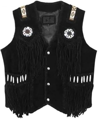 Western Style Cow Suede Leather Vest for Men with Native American-Inspired Design, Fringes, Beads & Braid