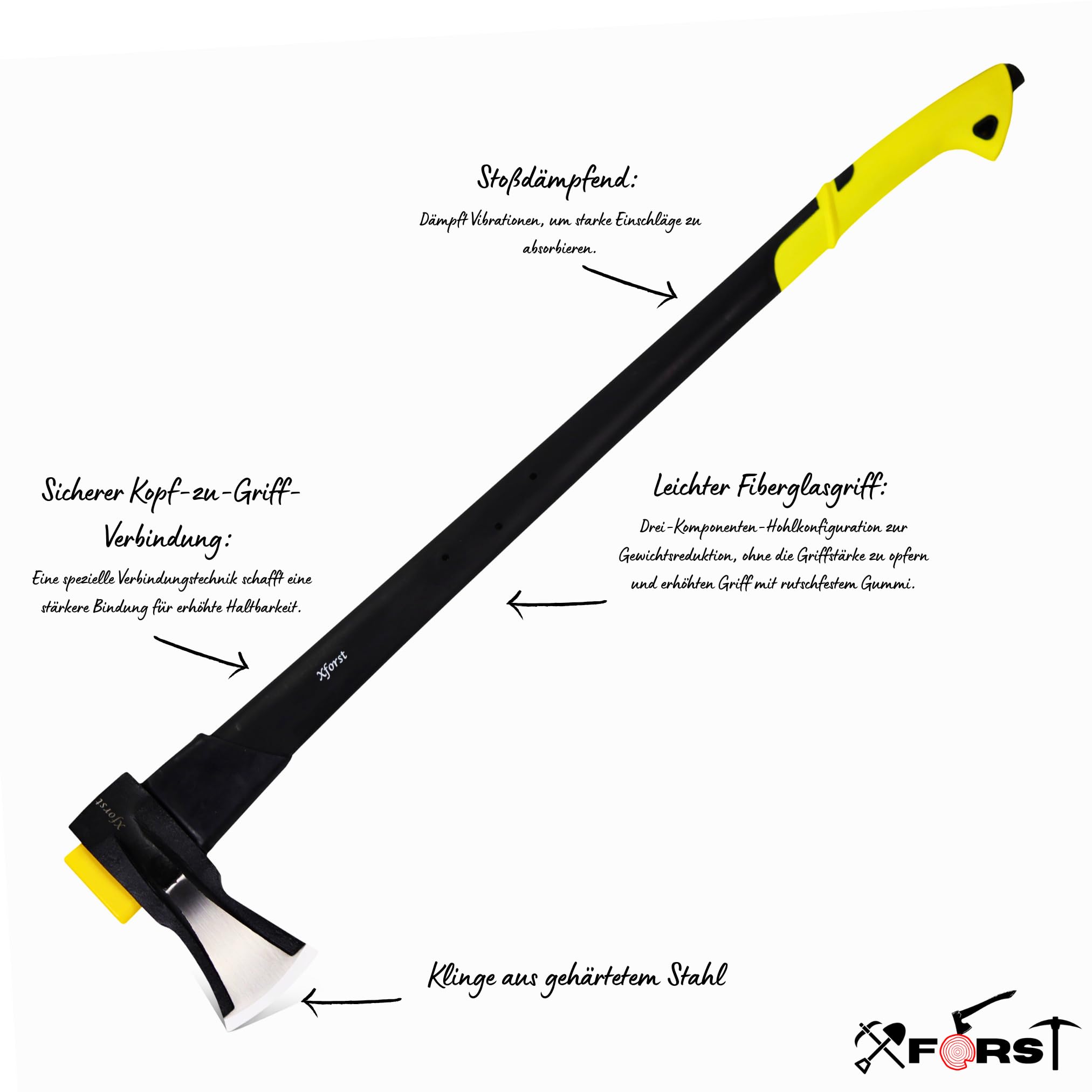 Xforst Spaltaxt 93 cm 2 kg Axtkopf 3 kg Spalthammer-Power Profi Holzaxt mit Fiberglasstiel Gelb-Schwarz patentierte Kopf-Stiel-Fixierung SA2F