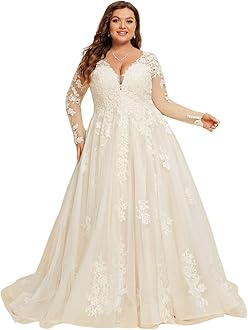 Miao Duo Women's Ivory Long Sleeves Plus Size Lace Tulle Appliqued Wedding Dress Plus Size Ivory Bridal Gowns 2025 18W