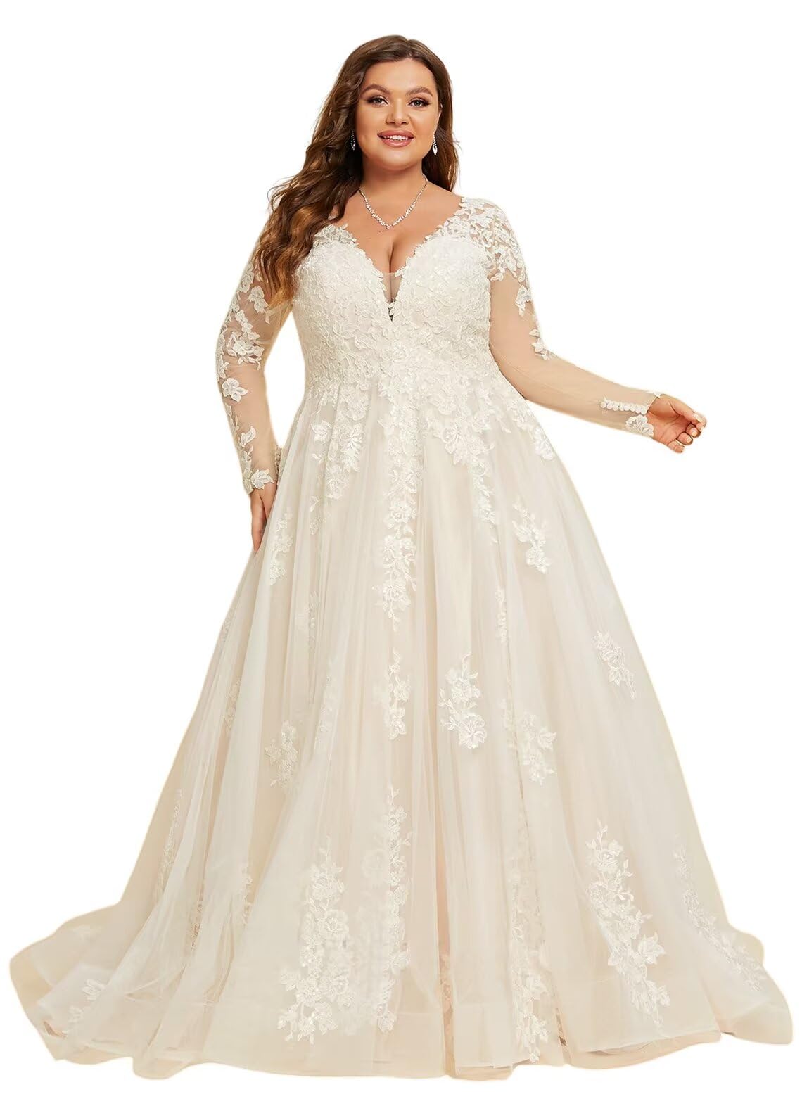 Miao Duo Women's Ivory Long Sleeves Plus Size Lace Tulle Appliqued Wedding Dress Plus Size Ivory Bridal Gowns 2025 18W
