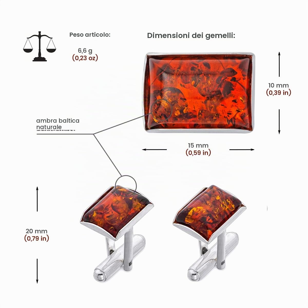 Gemelli da Uomo in Argento Maldive con Ambra, Argento Sterling Lucido, Ambra Baltica Rettangolare Moderna, Set Regalo