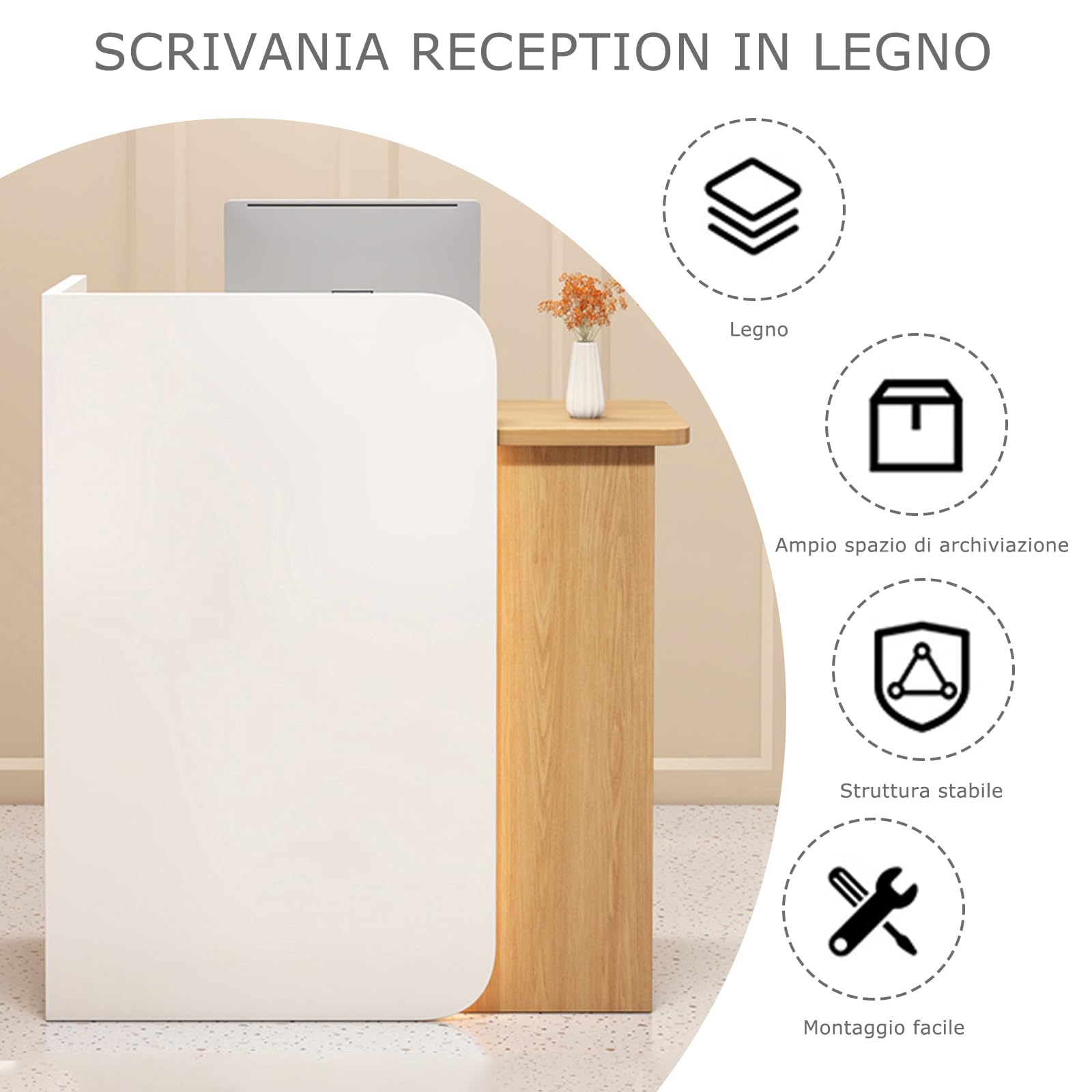 Mostrador De Recepción De Madera Natural con Cajones, Ideal para Tiendas, Hoteles Y Salas De Conferencias. Acabado En Beige Y Madera. Medidas: 80 X 45 X 100 Cm.