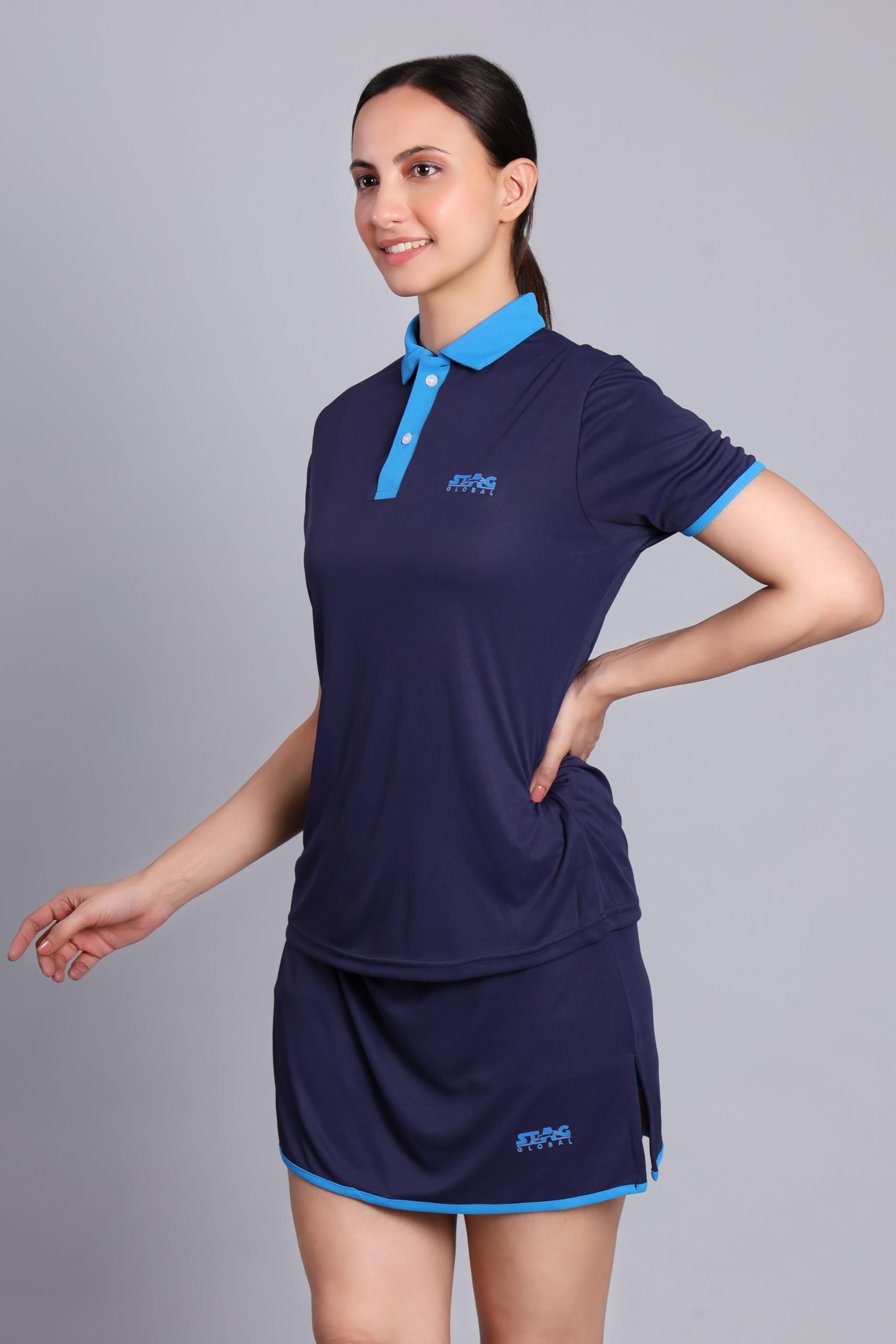 STAG GLOBAL Aero Sports T-Shirt | Navy Blue and Sky Blue Polo Women's T-Shirt | Lightweight and Durable | Professional Ping Pong Athletic, Casual Wear (in, Alpha, 2XS, Regular, Navy Blue) 2