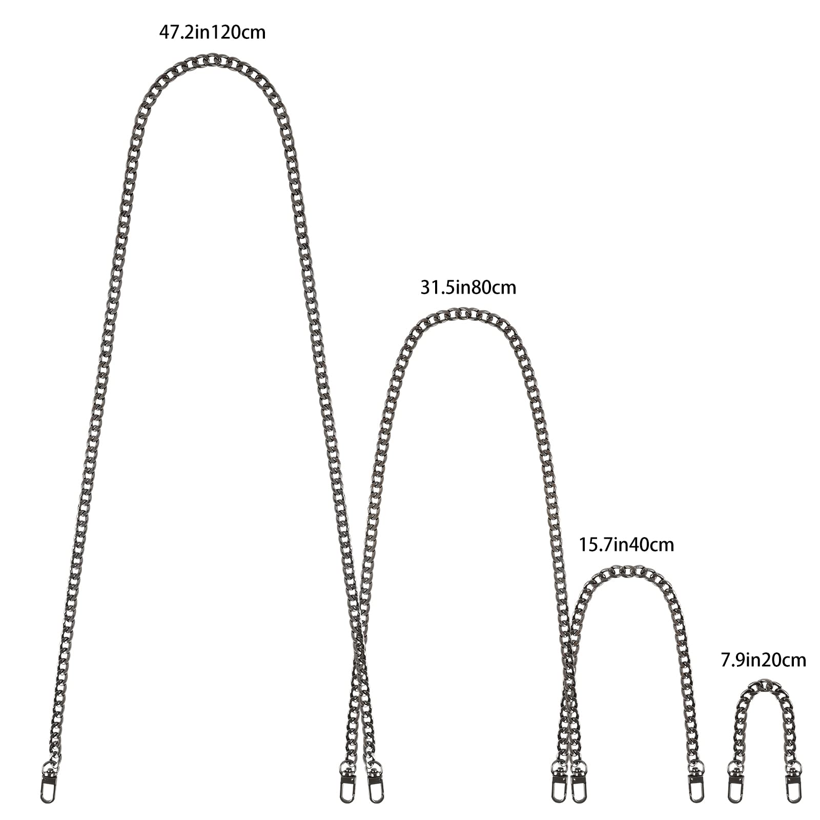 Replacement Flat Chains 4 Different Sizes Iron Bag Chains Purse Chains Shoulder Cross Body Chains Straps, with Metal Buckles for DIY Handbag Making 47.2