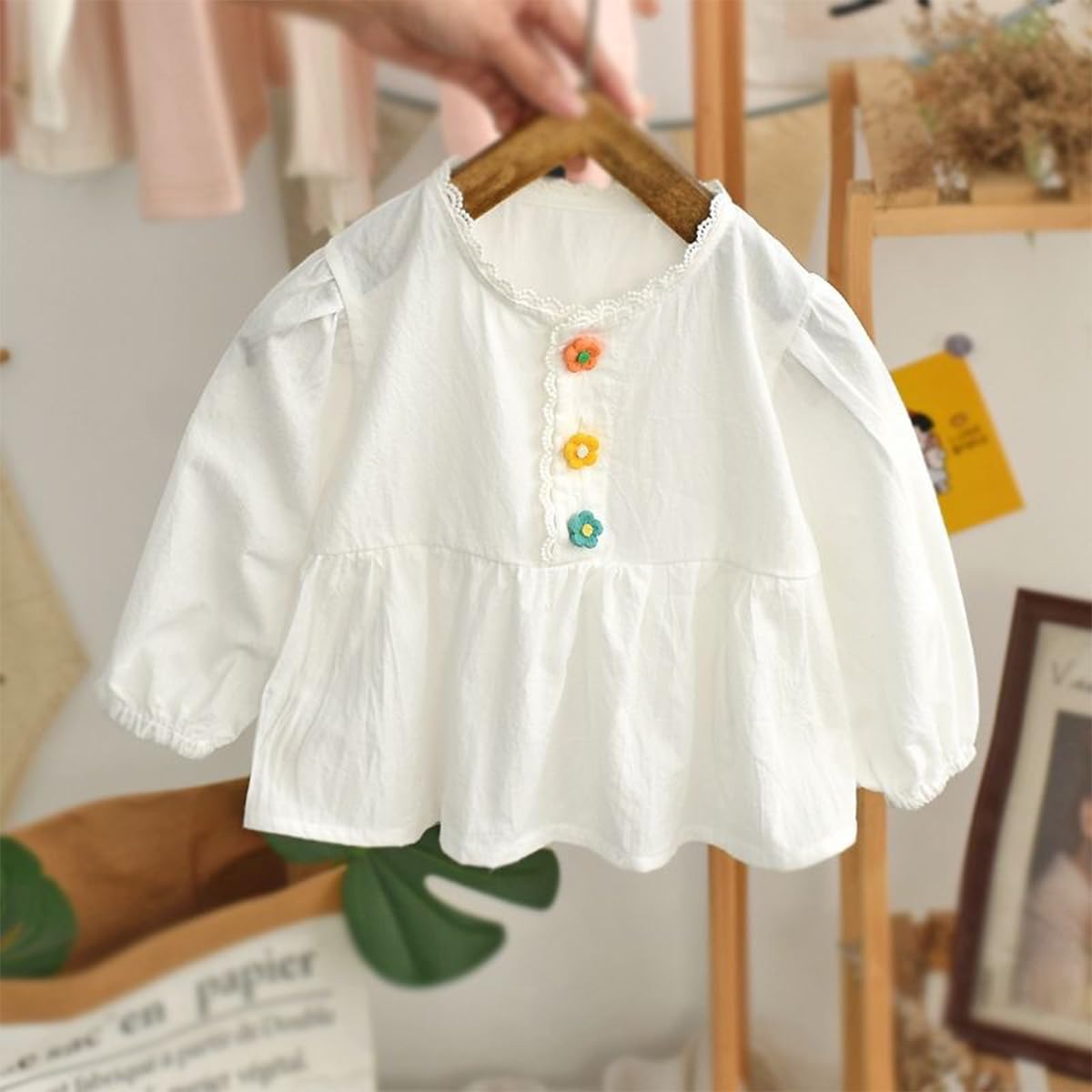 Baby Kleinkind Mädchen Weiß Blusen 100% Baumwolle Rundhals Langarm Shirt Oberteil Gr. 68/74/80/92/104/110 Kinder Niedliches Rüschen Tops für Mädchen 6 Monate-5 Jahre Frühling und Sommer