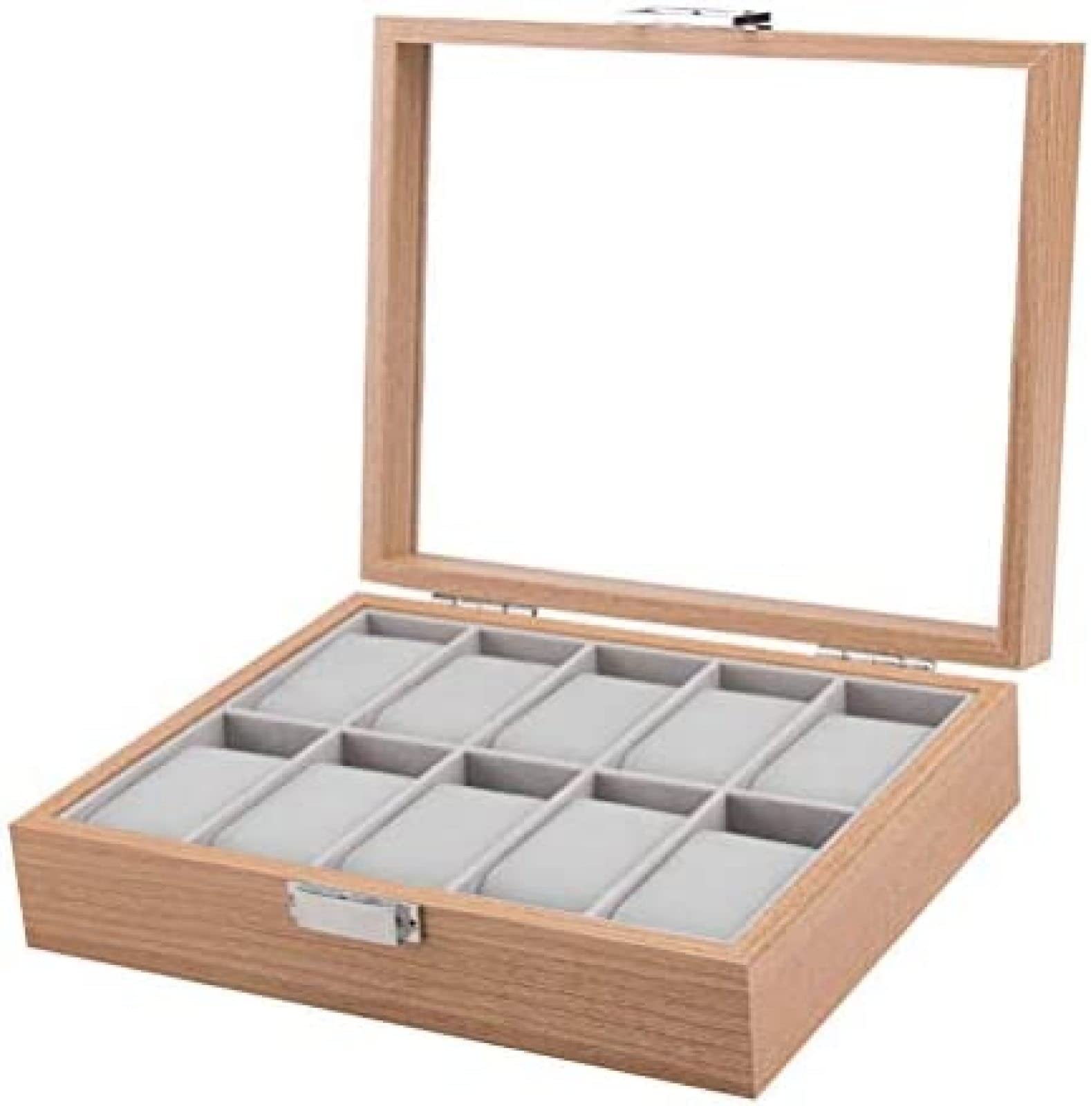 YNBSHGAA Wooden Watch Case Glass Lid 10 Grids Men Women Watches Display Box Jewelery Storage Box Watches Jewellery Organizer Case