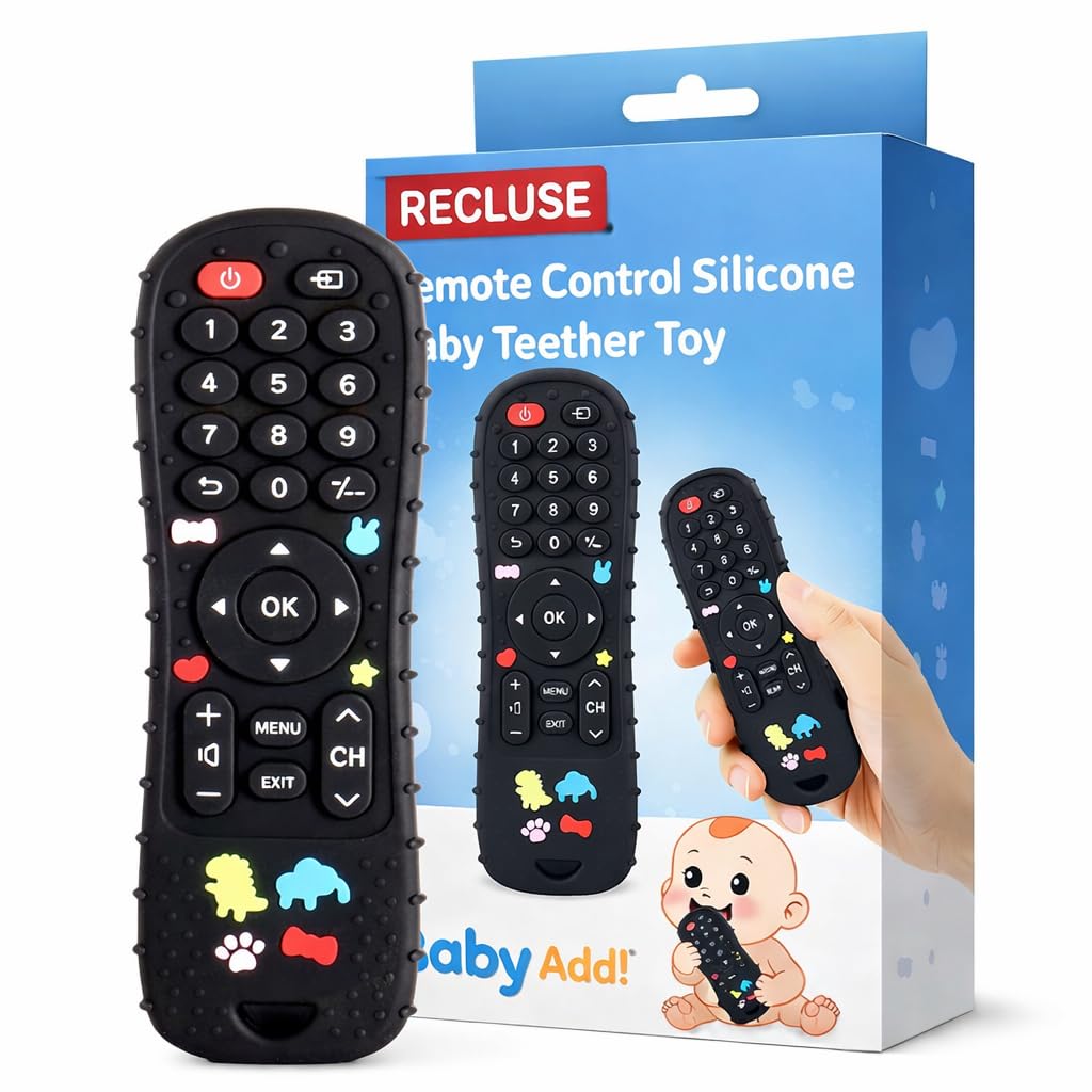 Recluse Baby Remote Control Silicone Baby Teether Toy for Babies 6-36 Months Silicone Infant Teething Toys Boys Girls Infants Teething Toys Baby Teething Relief, BPA Free (Black)-image-24