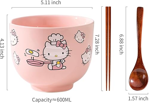 Miniatura 2 de Tazón de ramen de dibujos animados japoneses, cuenco de ramen de cerámica, juego viene con palillos y cuchara. color-3