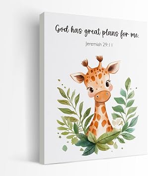 SZERE Woodland Nursery Animals Bible Verse Canvas Wall Art Decor Prints Posters, Cute Baby Giraffe Forest Nursery Room Bedroom Bathroom Playroom Wall Art Decor for Nursery Kids Teen Girls Gifts, Christian Psalm 91 Wall Art Classroom Wall Decor, Canvas Framed 11X14 Inch Kids Pictures