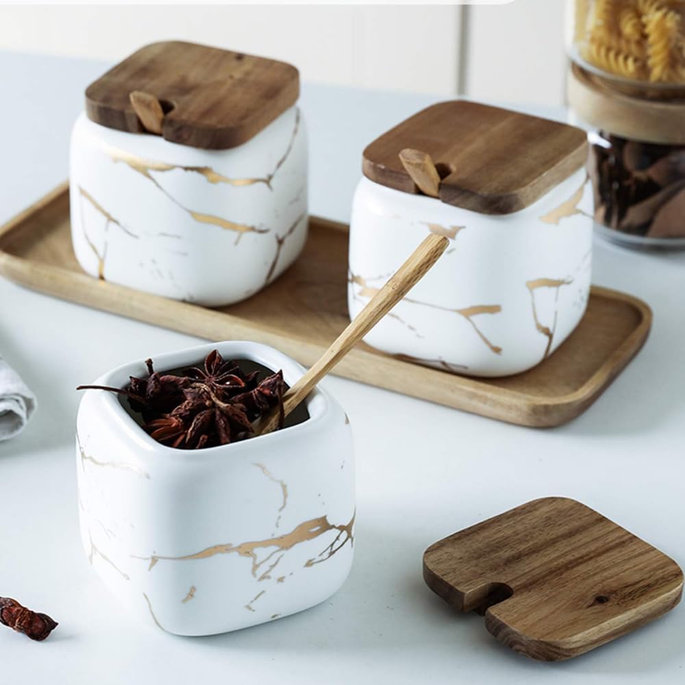 Ceramiczne miski na cukier, słoiki na przyprawy, sól MSG, pieprz, przyprawy, zestaw 3 marmurowych misek na cukier z pokrywkami i łyżkami do serwowania, słoiki o pojemności 300 ml, drewniana taca