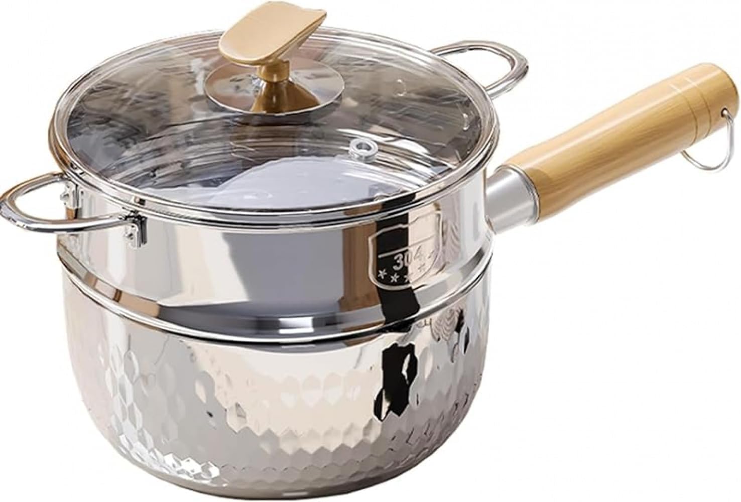 SLLS 片手鍋 雪平鍋 ステンレス鋼製 ガス火対応 強化ガラス蓋付 蒸し器付 行平鍋 小鍋 注ぎ口 木柄 槌目 目安目盛り付き お