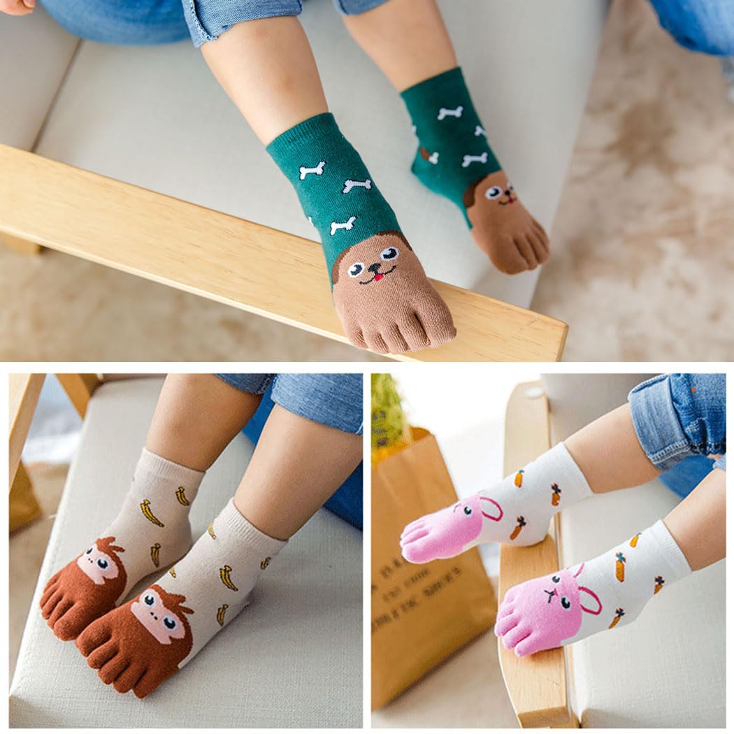 Zehensocken Kinder Sportsocken Fünf Finger Baumwollsocken Atmungsaktiv Knöchelsocken Niedliche Tiere Socken, 3-12 Jahre, 5 Paar