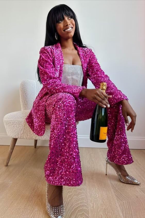 HZUOU Sequin Suits for Women Sparkly Ladies Party Clubwear 2 Pieces Wedding Festival Outfits with Wide Leg Flare Pants HZH453