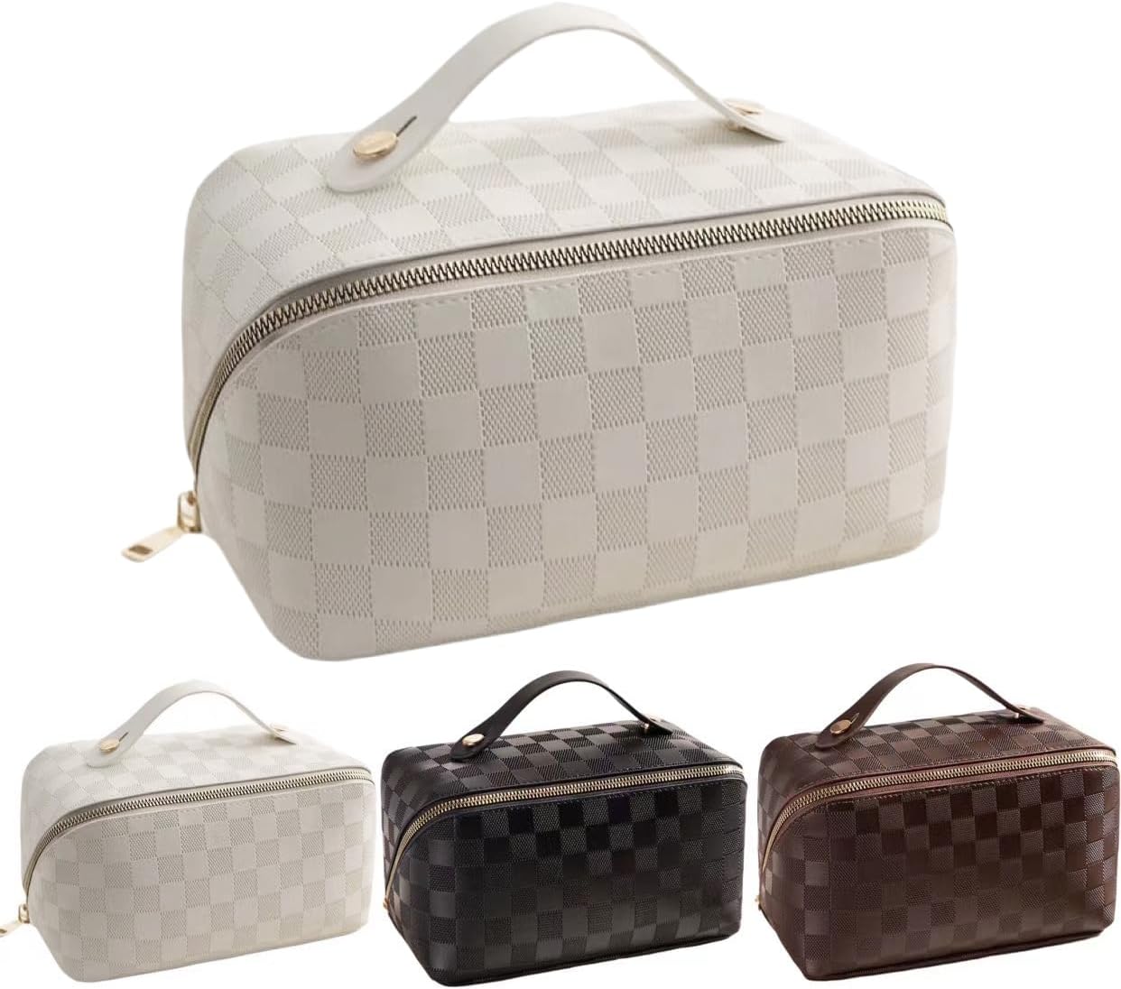 Large Capacity Brown Checkered Makeup Bags Portable Travel Cosmetic Bags Open-Flat Toiletry Bag for Women Girls Make Up Organizer with Divider Pouch Zipper Bag (white-checkered)