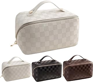 Large Capacity Brown Checkered Makeup Bags Portable Travel Cosmetic Bags Open-Flat Toiletry Bag for Women Girls Make Up Organizer with Divider Pouch Zipper Bag (white-checkered)