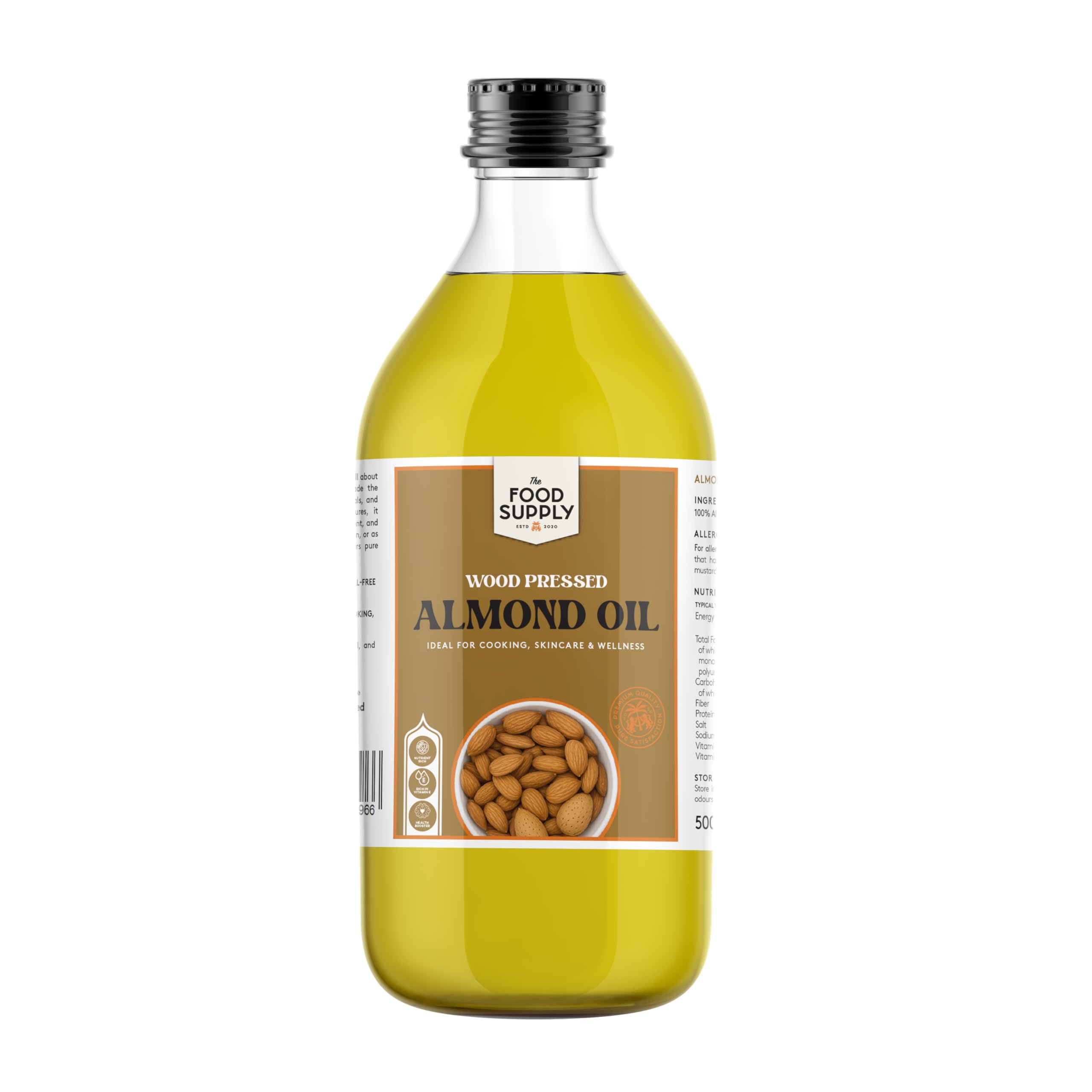 Wood Pressed Almond Oil 500ml – Cold Extracted, 100% Pure & Chemical-Free – Double Filtered, Unrefined Sweet Almond Oil for Cooking, Hair, Skin & Wellness – Premium Grade