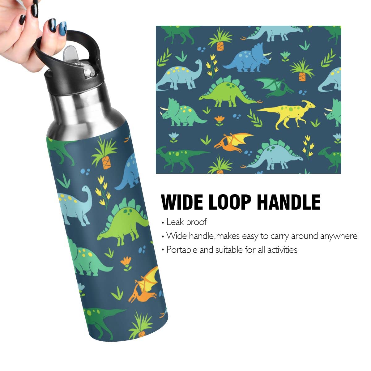 Edelstahl Wasserflasche mit Strohhalm, Dinosaurier isolierte Trinkflasche Sport Wasserflasche für Kinder Erwachsene, auslaufsicher, 1L