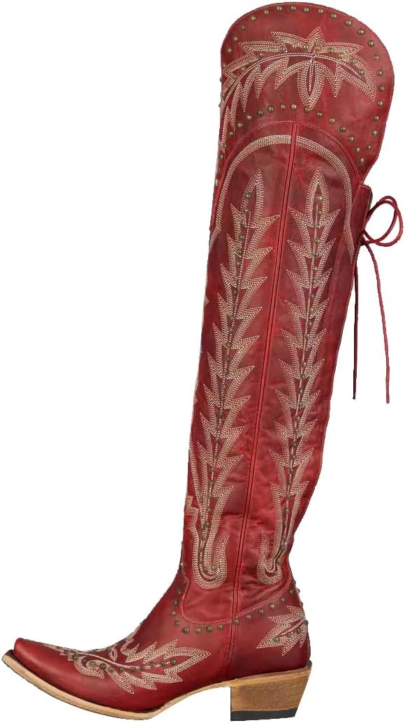 LISHAN Women's Western Cowboy Cowgirl Boots Thigh High Embroidered Block Heels Faux Leather Back Lace Up Shoes