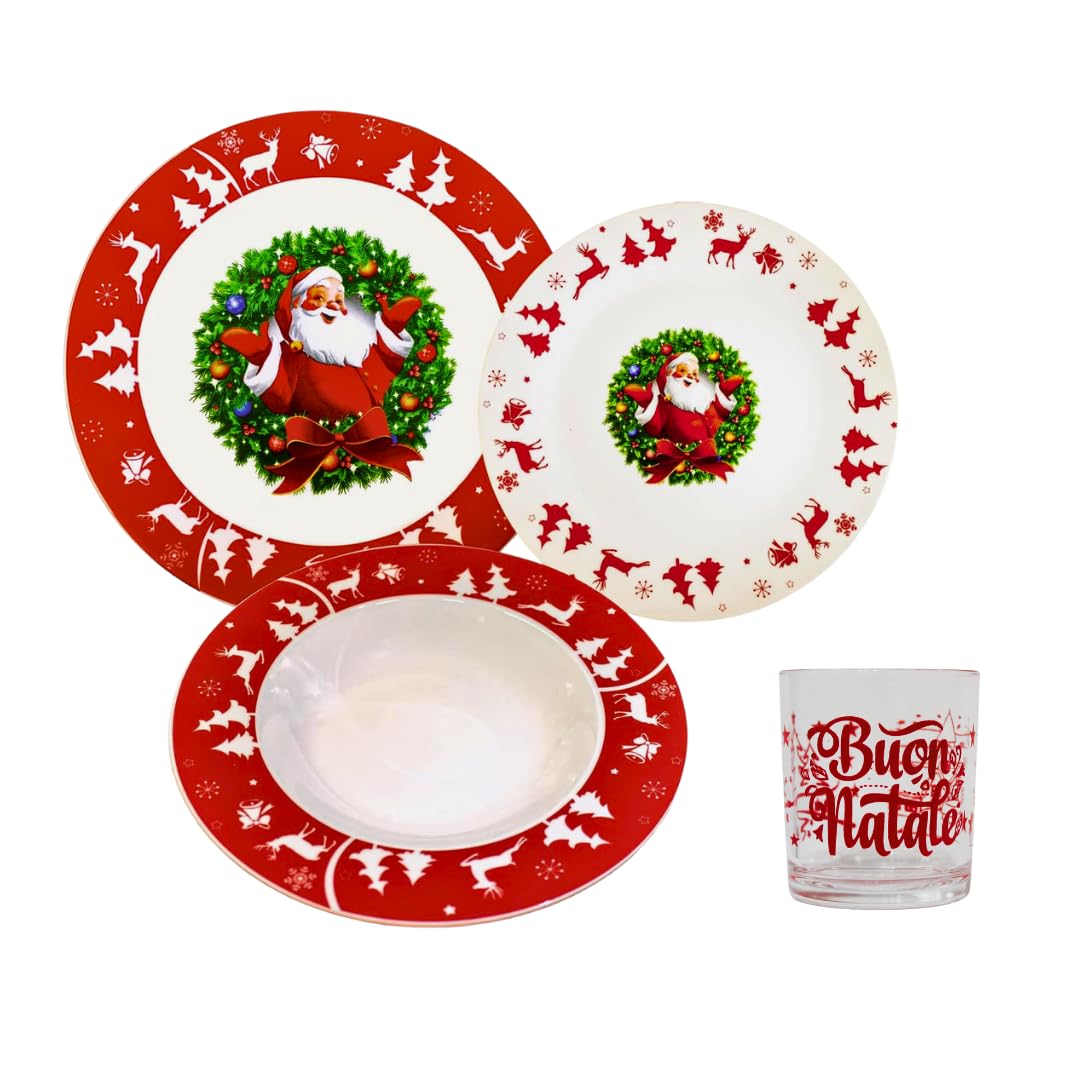 Lot de 48 Assiettes et Verres de Noël | 36 Assiettes en Porcelaine et 12 Verres pour 12 Personnes | Motif Père Noël, Guirlande, Paysage, Renne et Arbre