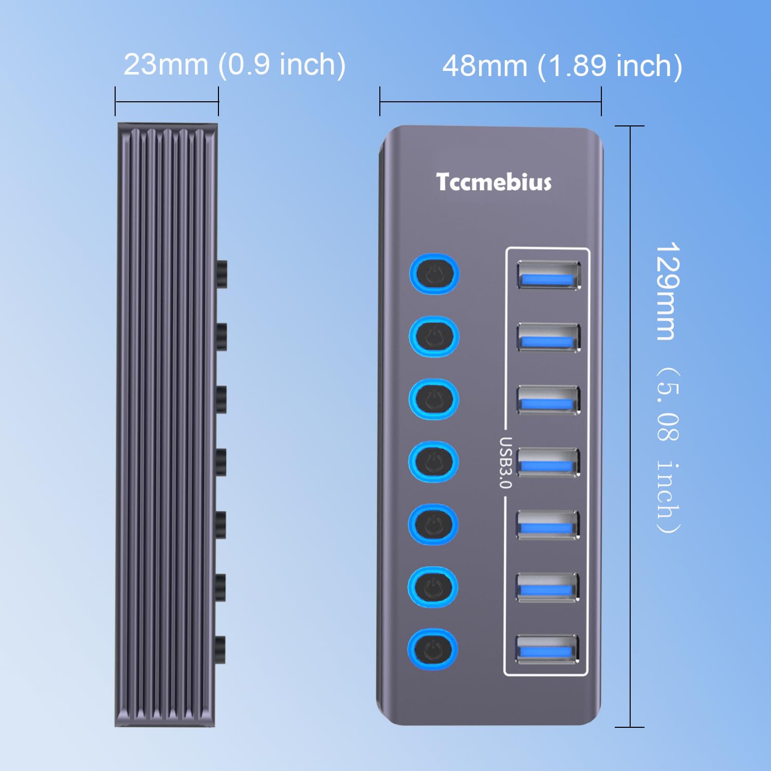 Aktywny Koncentrator USB, Aluminiowy 7-Portowy USB 3.0 Hub Transferu 5Gbps z Indywidualnym Przełącznikiem LED, Zasilaczem 36W(12V/3A), 100CM 2-w-1 (USB A/C) Transmisji Danych (TCC-T307U)