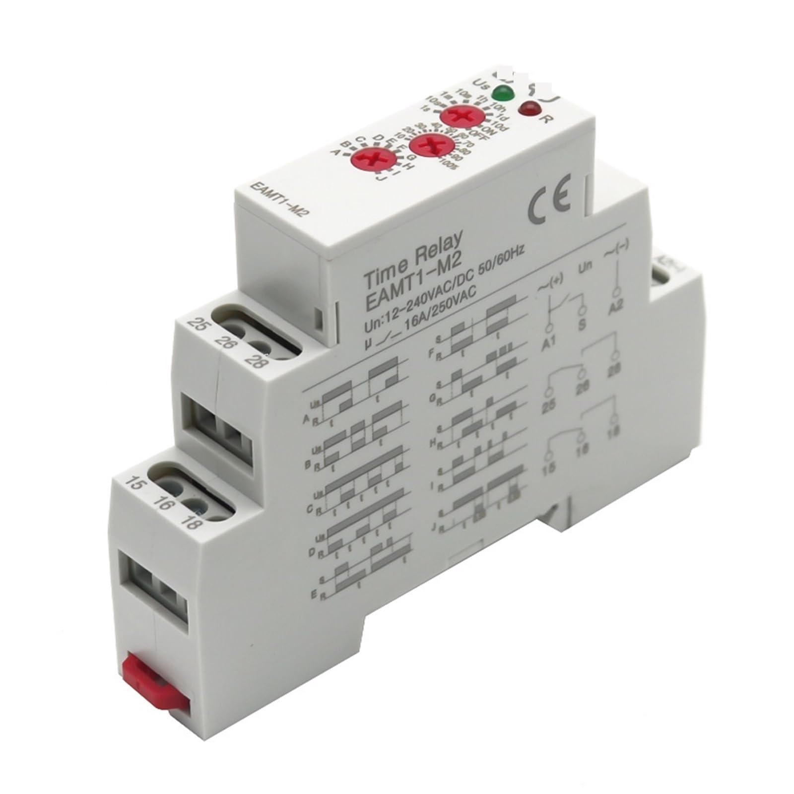 Relé Temporizador multifunción de 16 A/250 V CA con 10 Opciones función, 1 Unidad, Tipo riel DIN, 0, Segundos a días, 12-240 CA/CC(EAMT1-M2)
