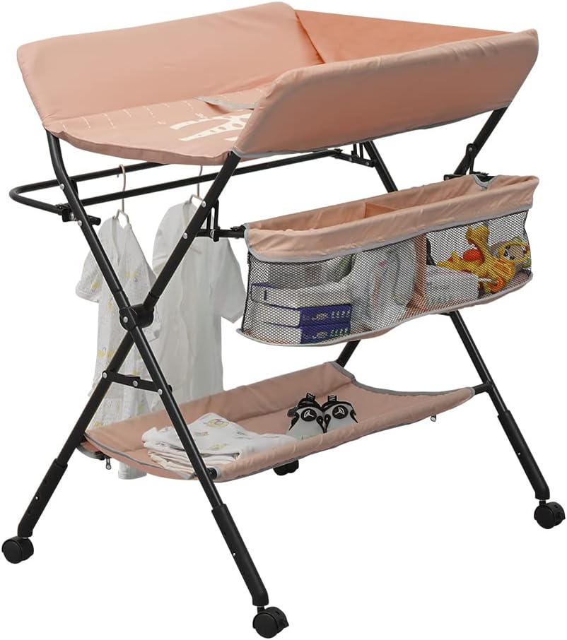 Baby Changing Table,Baby Changing Unit, Portable Folding Adjustable Changing Tables, Infant Care Station with Wheels and Storage, Diaper Organizer Station Table(Khaki)