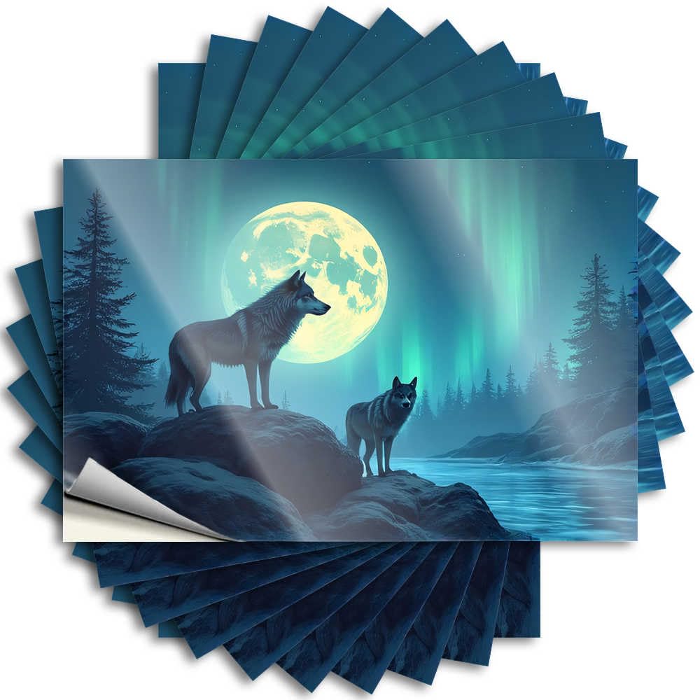 Wolves Howling At The Moon in Aurora Borealis Garage Custom - Home Decor Men Quote Self Adhesive Sticker(6X9CM)