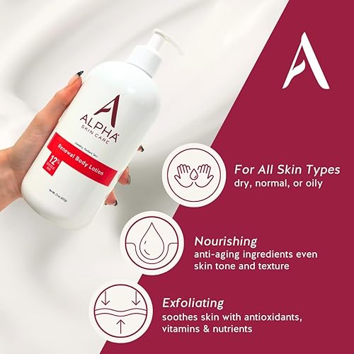 Miniatura 8 de Alpha Skin Care Loción corporal revitalizante con 12% de AHA glicólico, hidratante diario multiusos simple y eficaz, hidrata y exfolia con