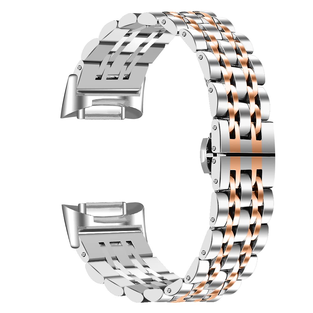 Gimuk Straps Compatible with Fitbit Charge 6 Strap for Women Men Metal Stainless Steel Replacement Watch Band Strap Business Wristband Bracelet for Fitbit Charge 6/Charge 5 (Silver+Rose Gold)