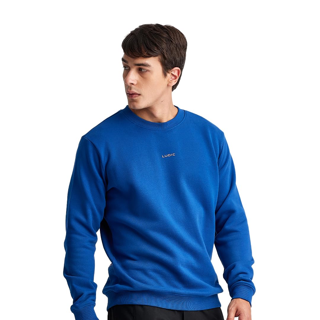 LUDIC WillMill Collection ‘Evoke S’ - 100% French Terry Cotton 320GSM Comfortable, Fleece Lined, Relaxed Fit Sweatshirt for Men - Winter Essential Blue