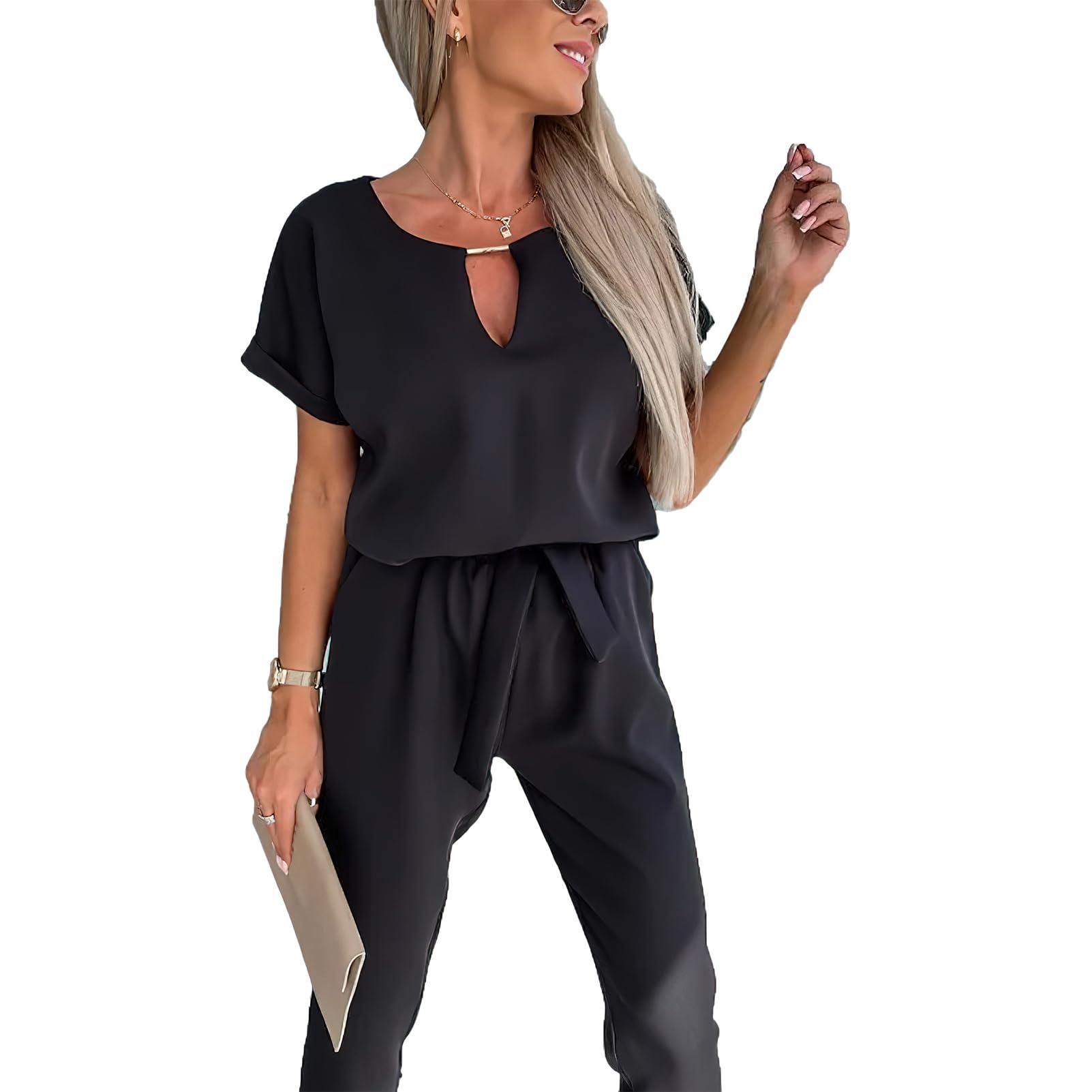 amropi Femmes Combinaison Manches Courtes Col V Jumpsuit Élégant Pantalon Casual Combishort avec Ceinture
