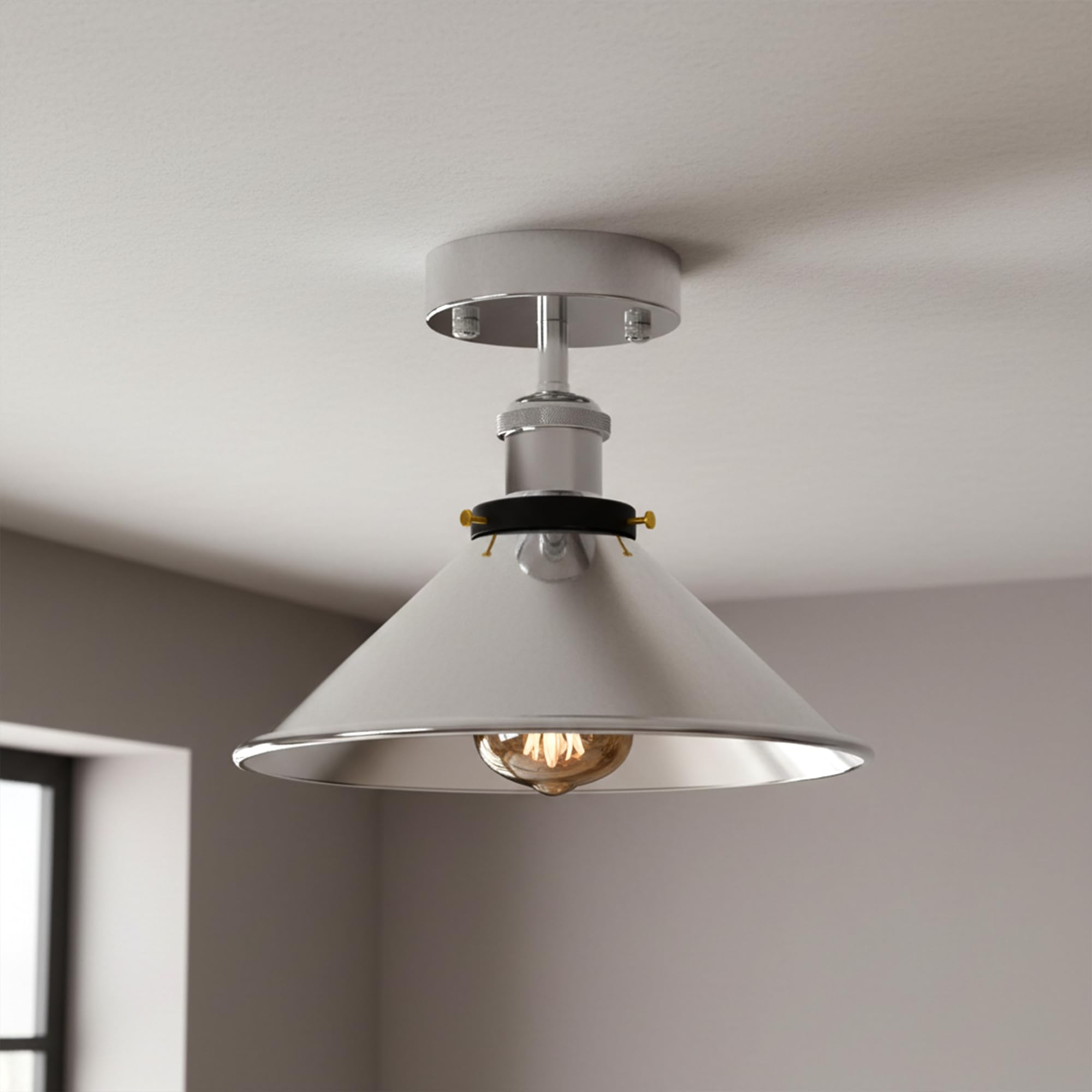 Dc Voltage Chrome Semi Flush Mount Ceiling Light 22Cm Metal Cone Hardwired