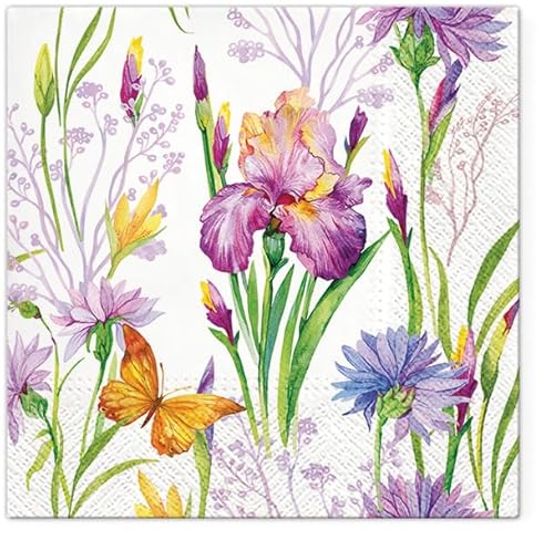 European Excellency 40pcs Iris With Butterfly Decorative Napkins, Multicolor, 3-Ply,