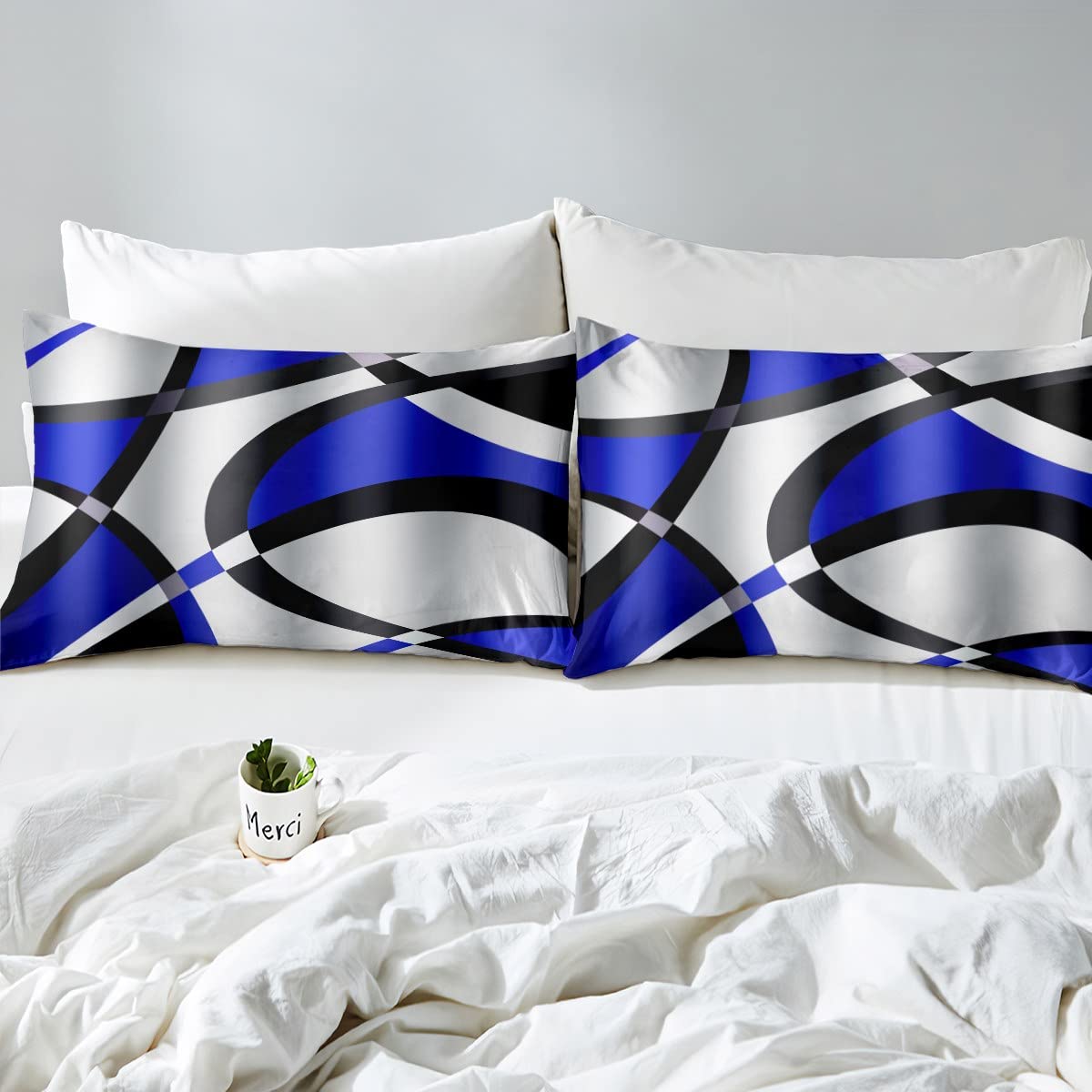 Juego de sábanas abstractas azules y blancas con bolsillo profundo, juego de sábanas geométricas circulares de remolino, juego de sábanas de rayas retro, juego de ropa de cama geométrico moderno, jue