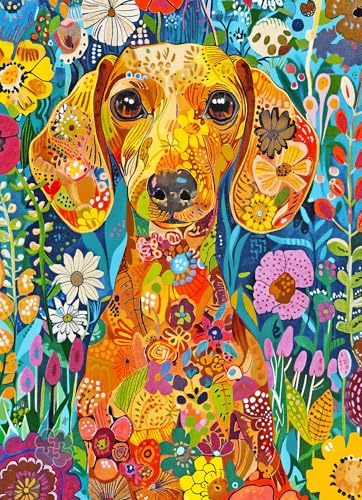 Rompecabezas Lucky Puzzles de 1000 piezas para adultos: Bloomhound – Dachshund en un jardín floral, acabado satinado, piezas cortadas al azar, para mayores de 14 años