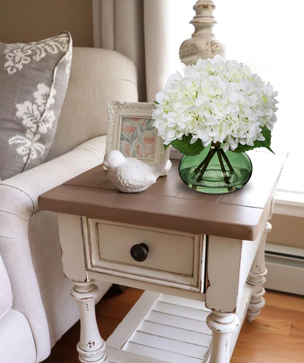 Hollyone White Hydrangeas Floral Arrangement in Glass Vase Artificial Flowers with Vase with Faux Water Silk Faux Flowers Fake Floral Bulk Bouquet for Home Decor Table Centerpiece Decorations - Image 4
