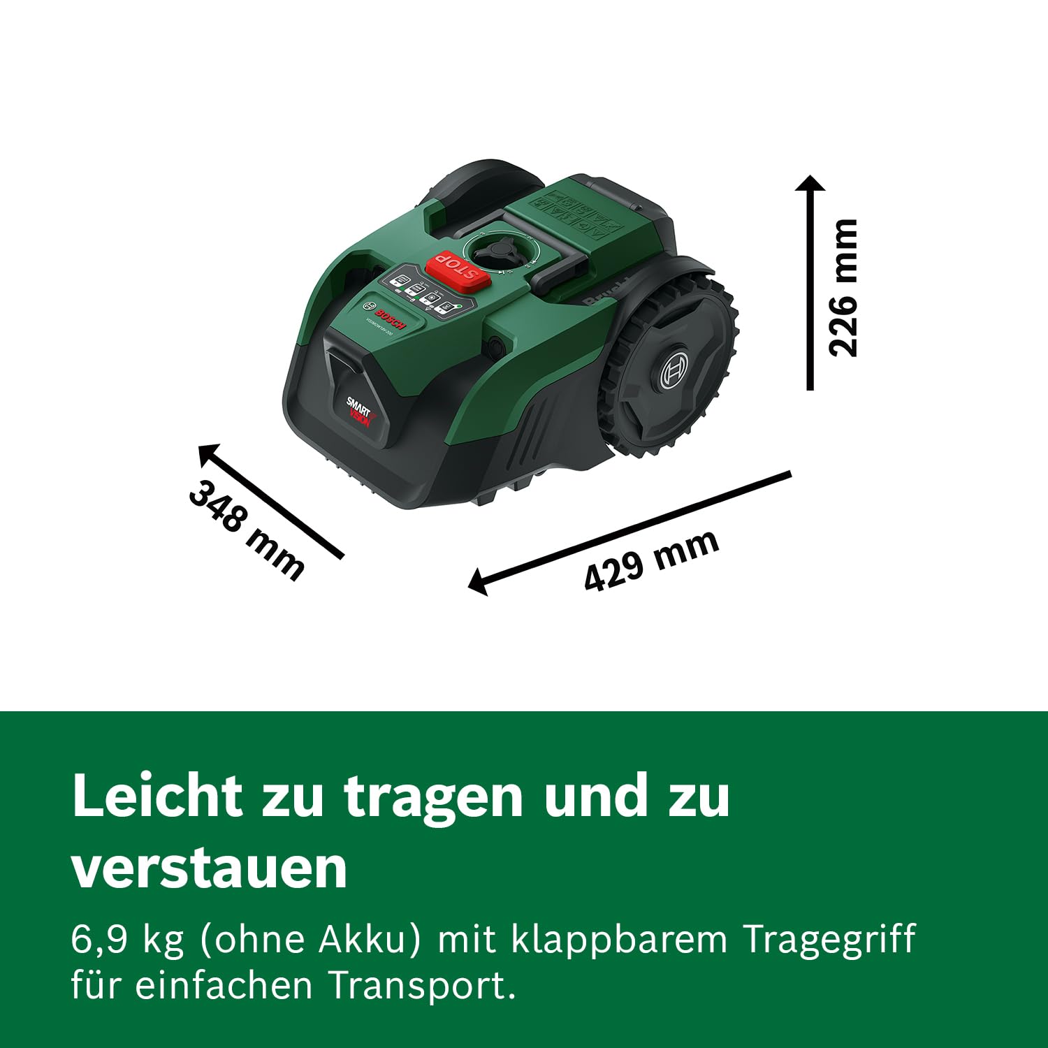 Bosch Akku-Mähroboter VISIMOW18V-200 (für Rasenflächen bis 200 m², Schnittbreite: 18 cm, Schnitthöhe: 20-60 mm, mit Ersatzmessern, inkl. Akku und Ladegerät)