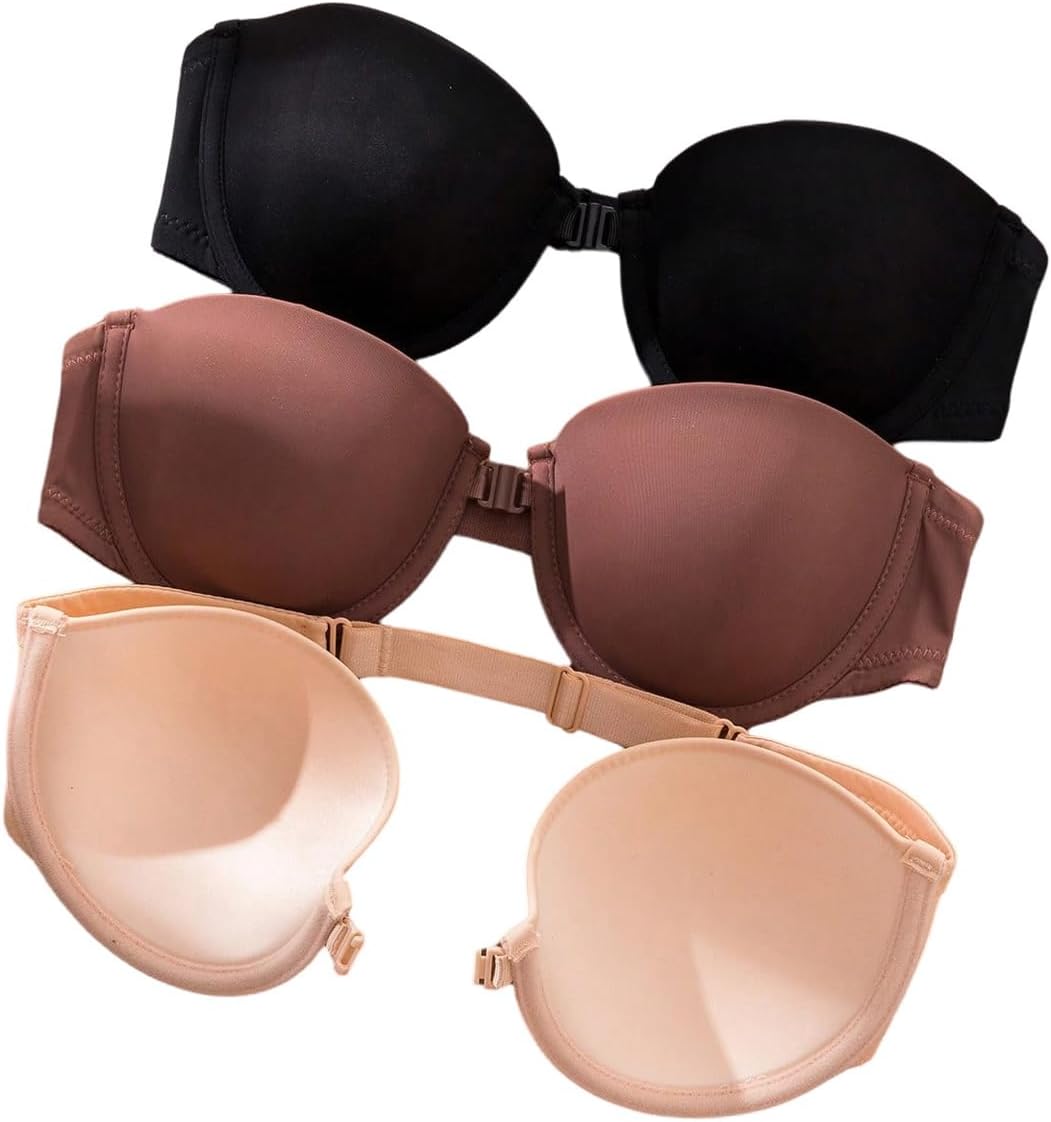 SOLY HUX Strapless Bras for Women 3 Piece Front Closure Underwire Bra Bandeau Invisible Bralette - Image 2
