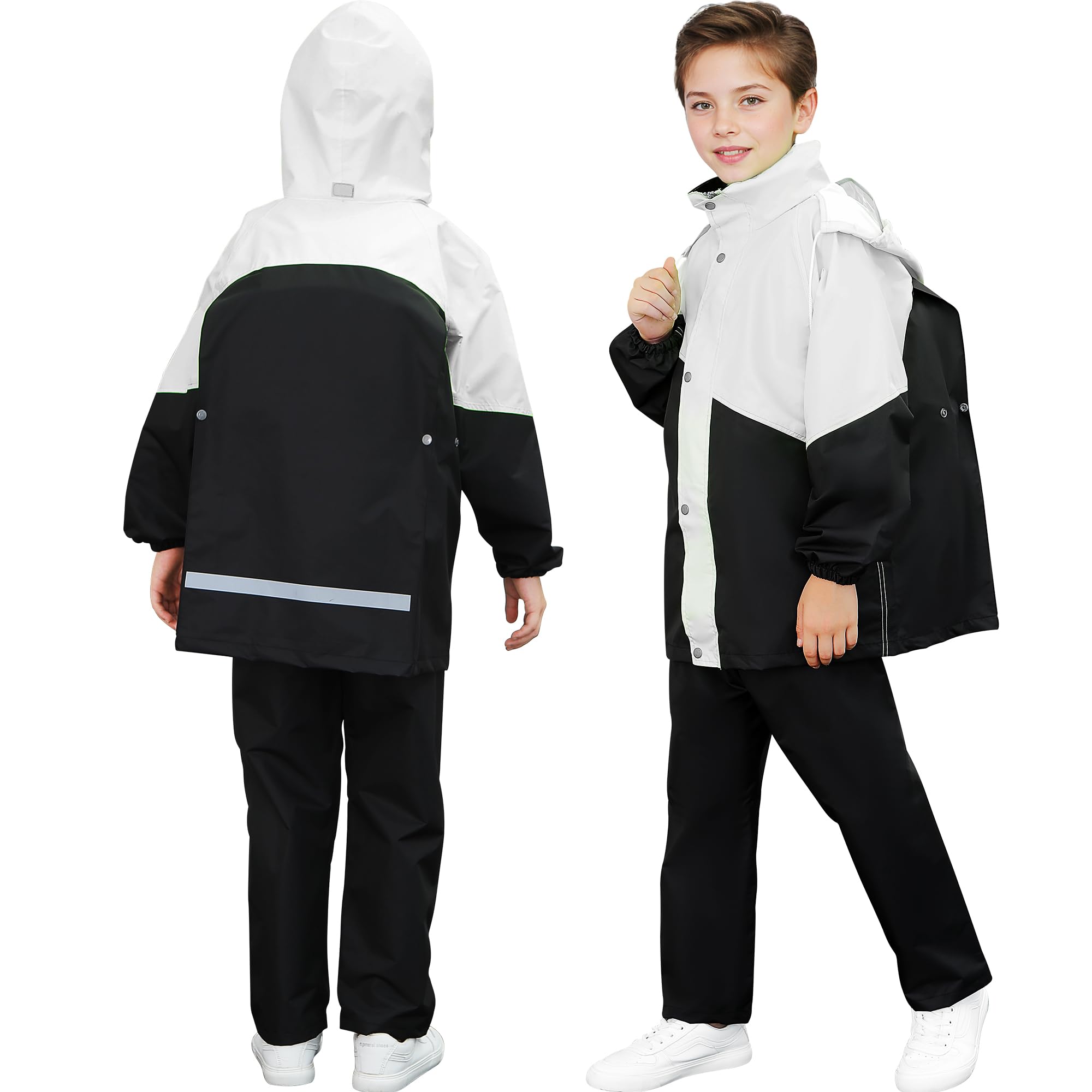 Tuta Impermeabile Ragazze Ragazzi, Leggero Antipioggia Giacca con Cappuccio e Pantaloni Set, Unisex Bambini Impermeabili Tute Pioggia con Strisce Riflettenti per 8-14 anni