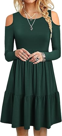 YATHON Womens Casual Cold Shoulder Sleeve Mini Dress Summer Loose Short Ruffle Pleated Dress with Pockets