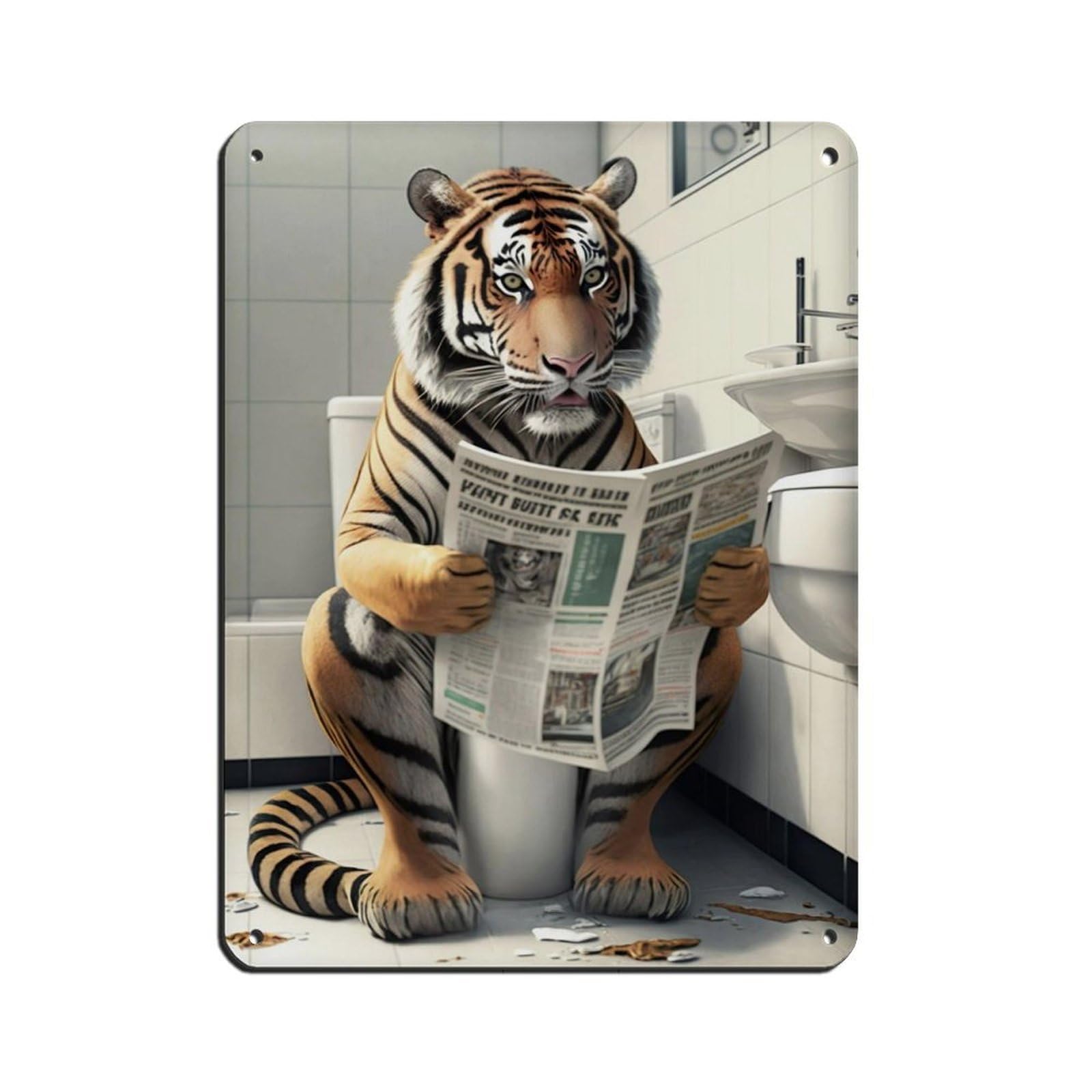 Tiger Sitting on The Toilet Reading A Newspaper Tin Sign Vintage Metal Pub Club Cafe Bar Home Wall Art Decoration Poster Retro 12x16inch(30x40cm)