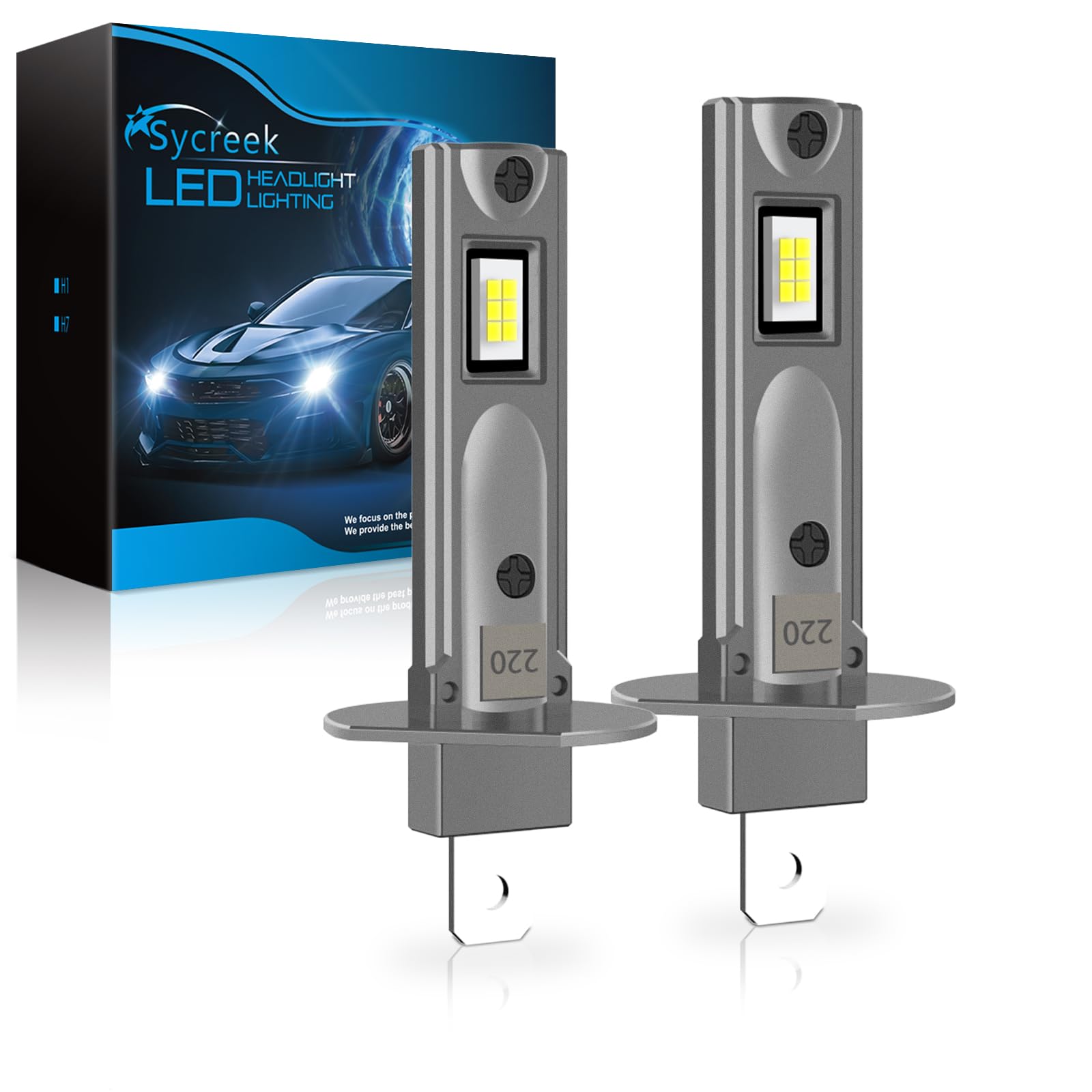 Sycreek H1 LED 24000LM 90W, Bombilla LED H1 1:1 Mini Design 6500K Blanco Frío, Kit de Conversión Halógeno, Bombilla para Faros de Coche o Moto 12V